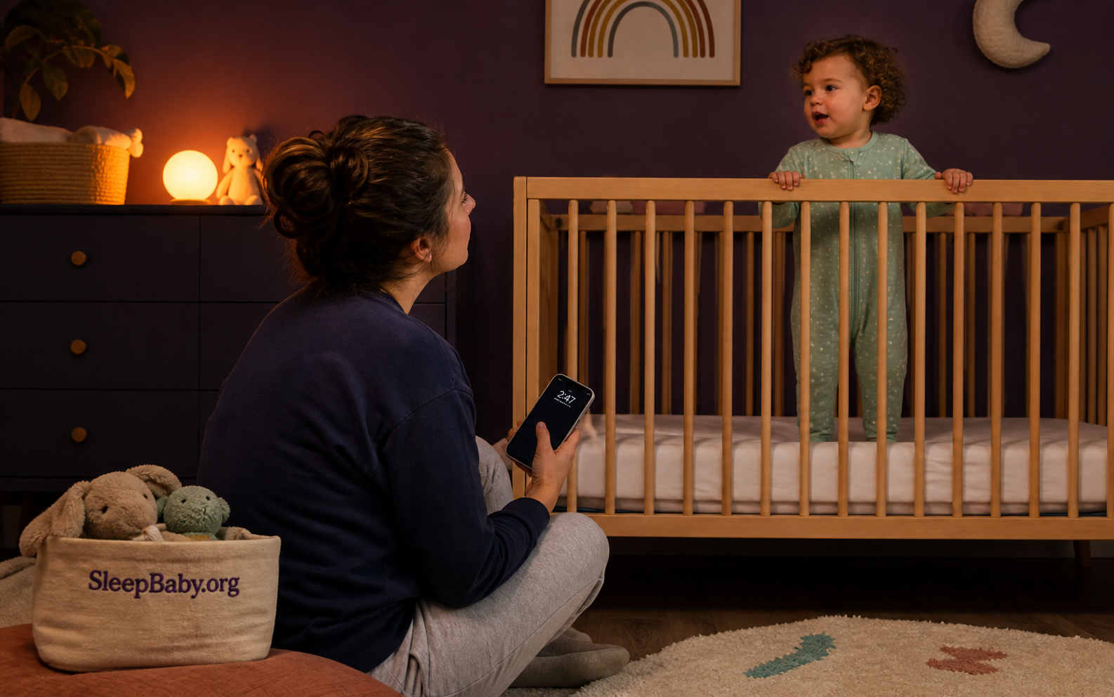A parent checks the time while calmly watching an awake toddler standing in an empty crib under a warm nightlight
