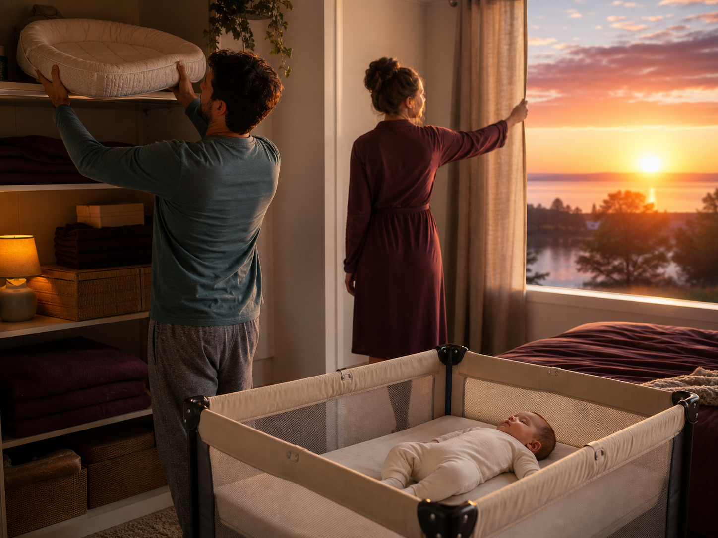 At dawn a caregiver stores a padded lounger away while a baby rests safely in a bare portable play yard nearby