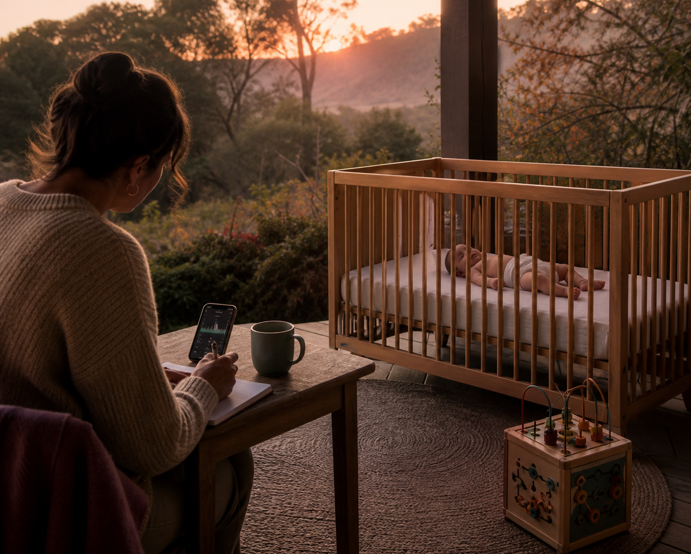 Caregiver at dawn preparing a concise sleep-pattern note while an eight-month-old rests in a bare full-height crib