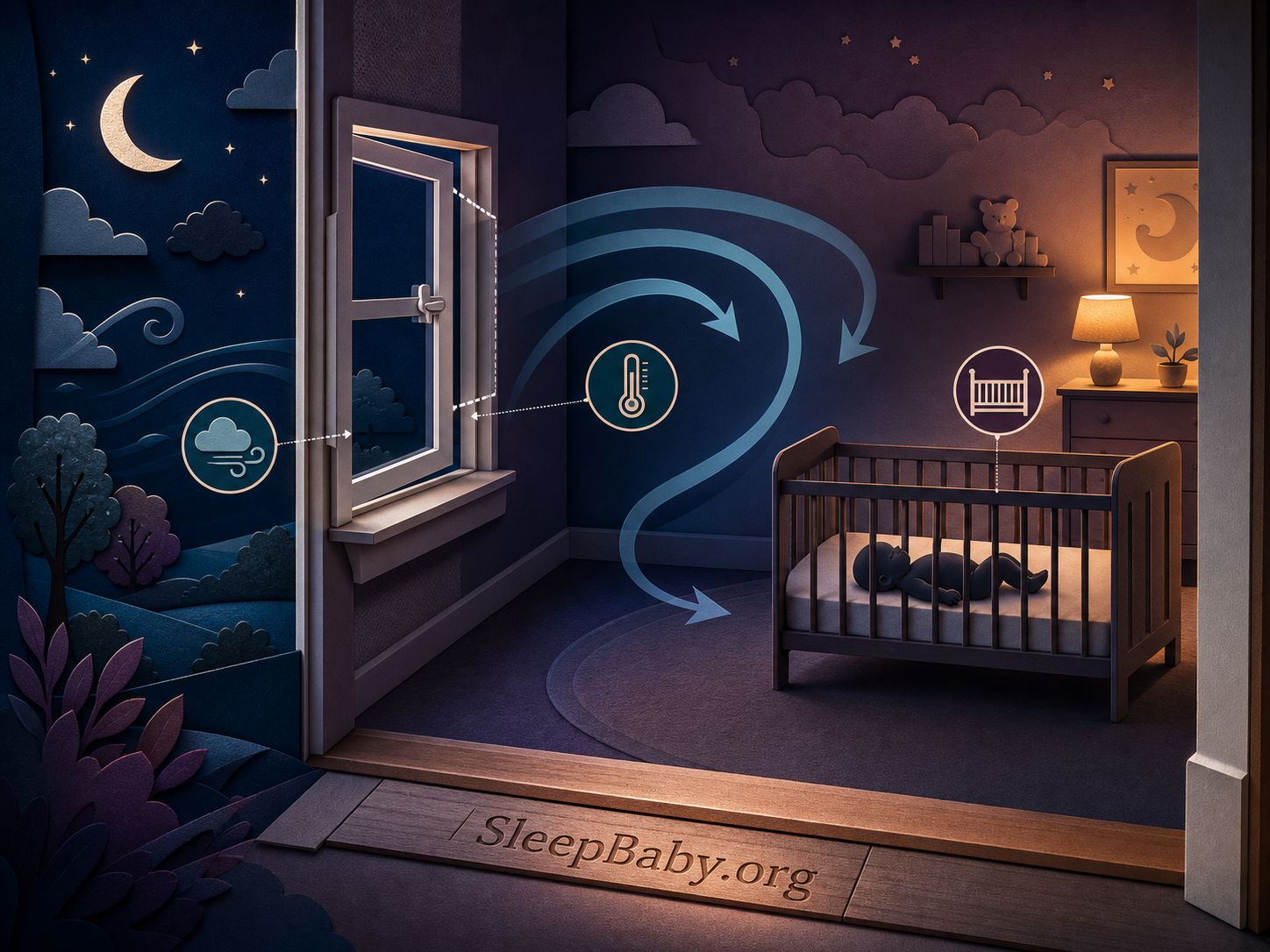 Illustrated nursery map connecting a secured window, outdoor air, room temperature, airflow, and a safely distant crib