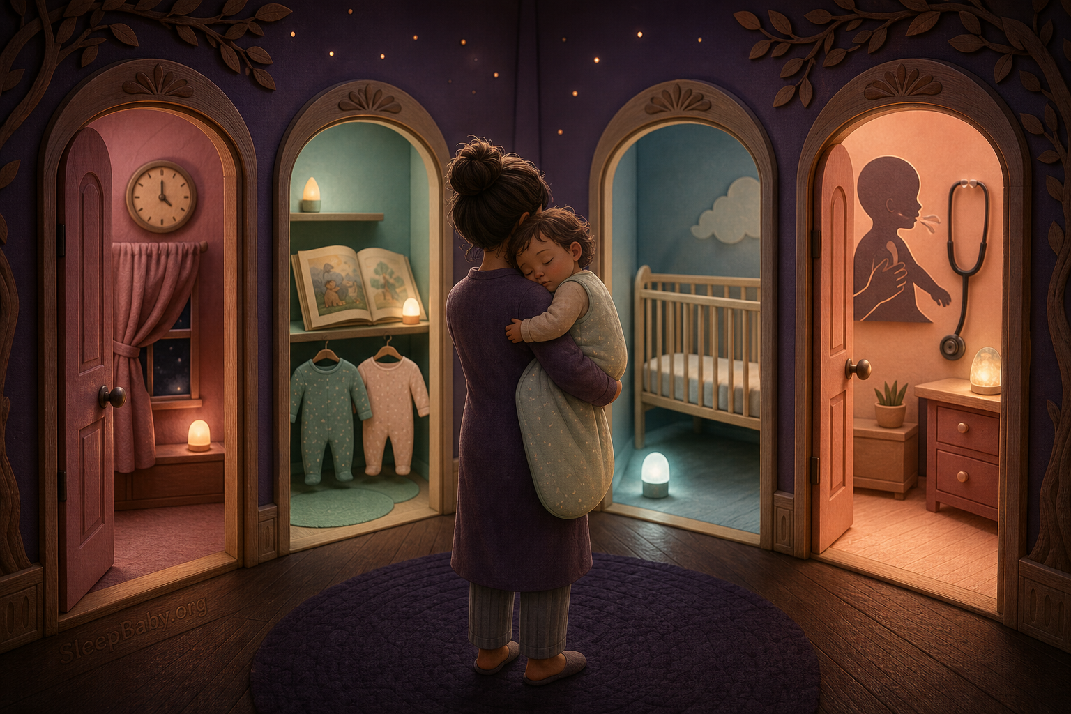 A luminous four-path nighttime scene maps connection, schedule, boundaries, and health toward a calm safe sleep space