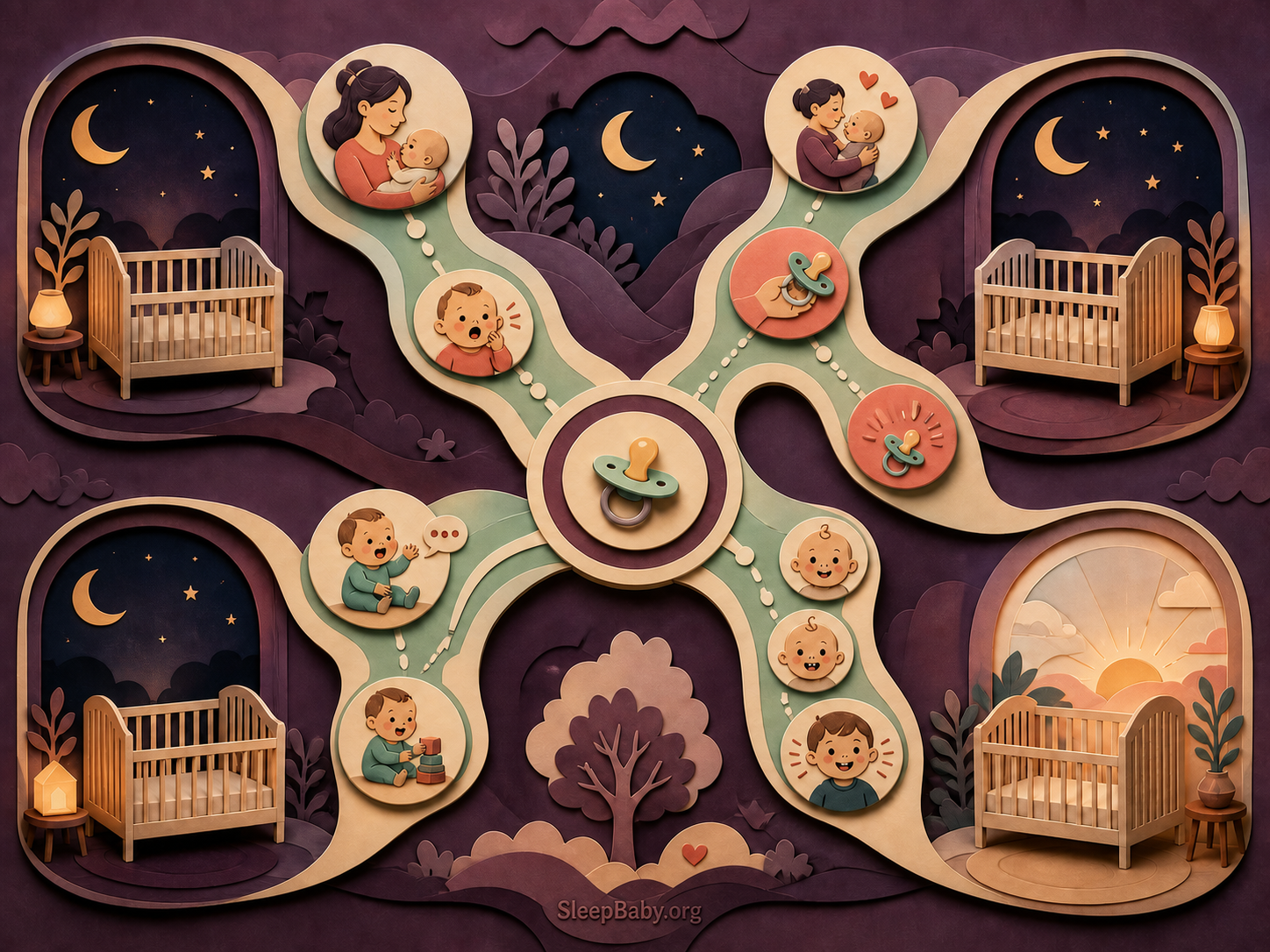 A SleepBaby night-world map connecting pacifier comfort, awake interaction, settling, and safe crib sleep