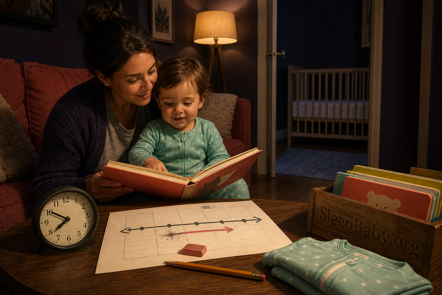 Parent reads with a toddler after redrawing one bedtime arrow earlier beside an empty crib.