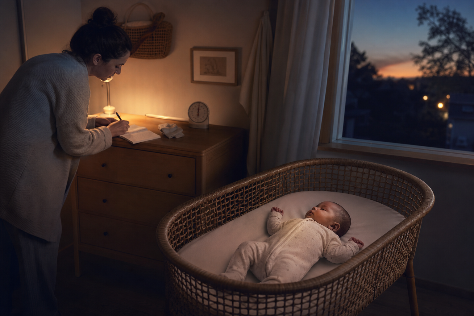 Caregiver records a baby's sweating pattern at dawn with all notes and devices outside the bassinet
