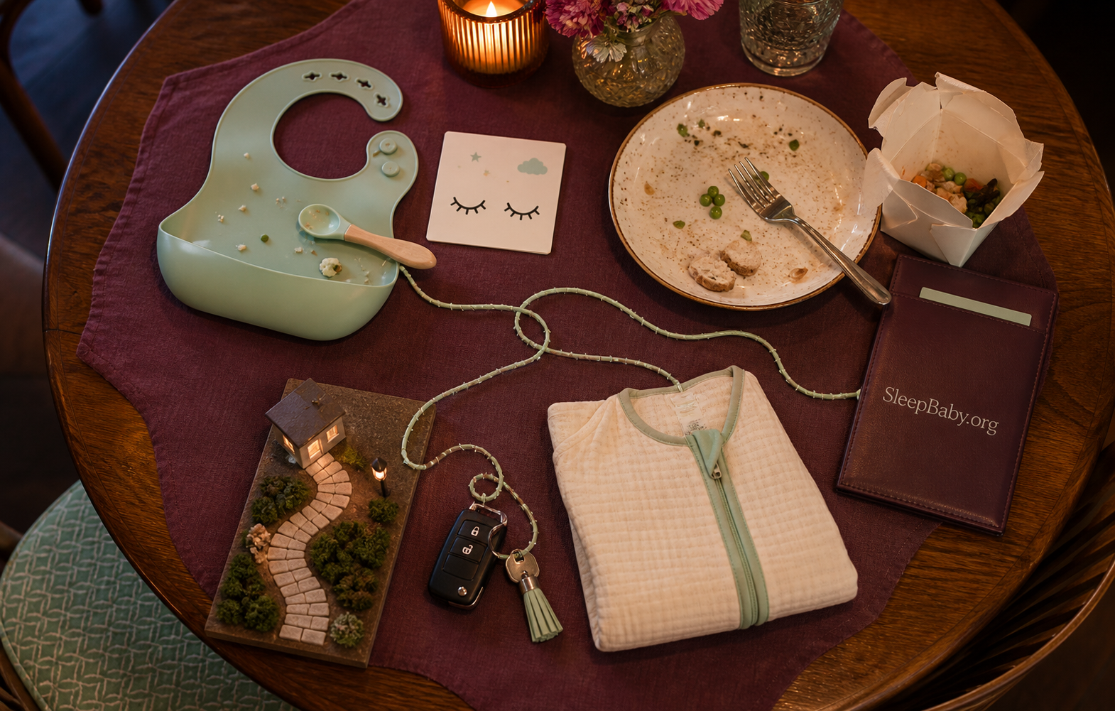 Overhead restaurant table with a sleepy-eye cue card, finished place setting and check holder, car keys, sleep sack, and model path home.