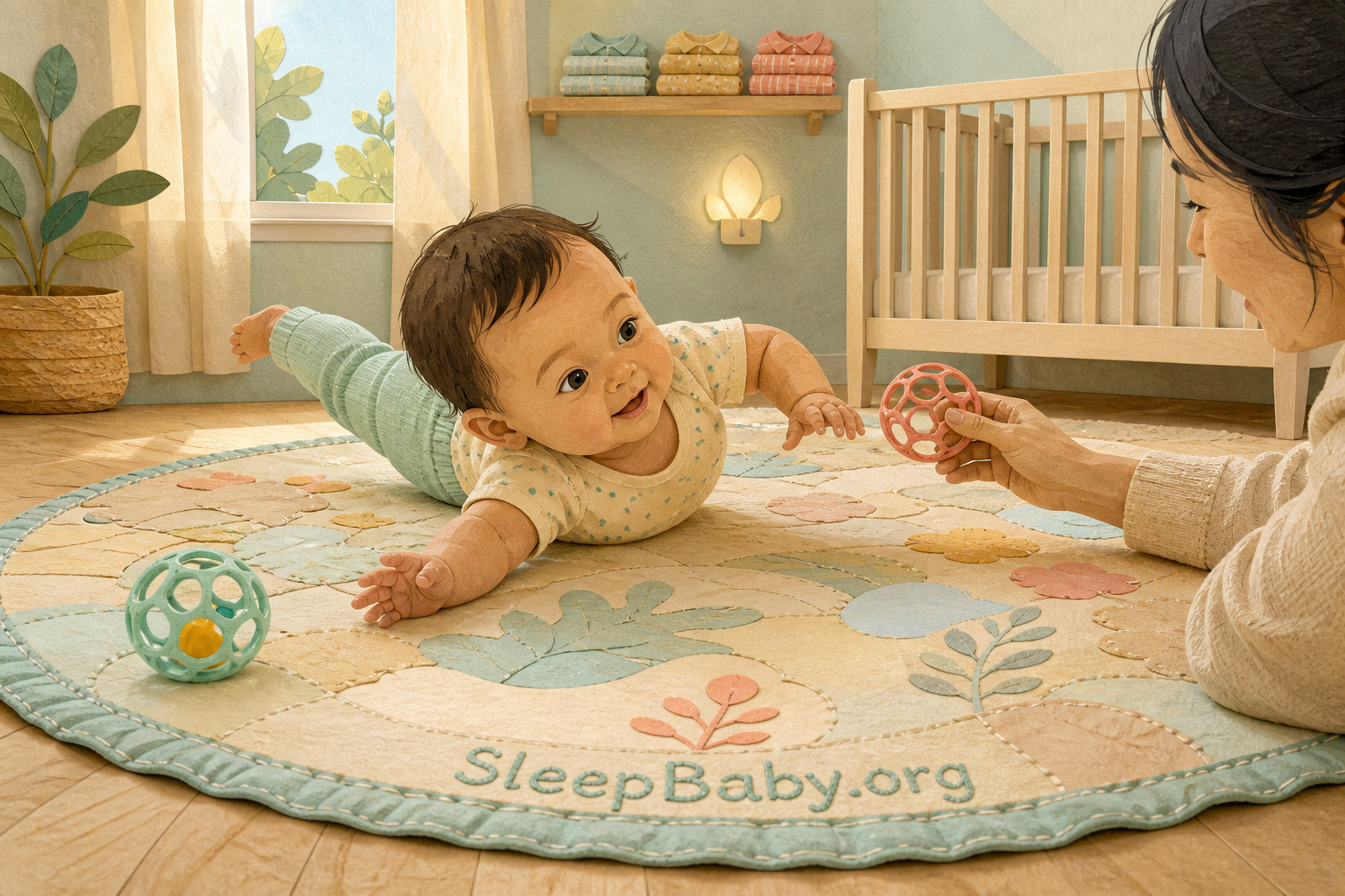 An alert six-month-old practices rolling on a firm floor mat while a caregiver offers toys on both sides within reach