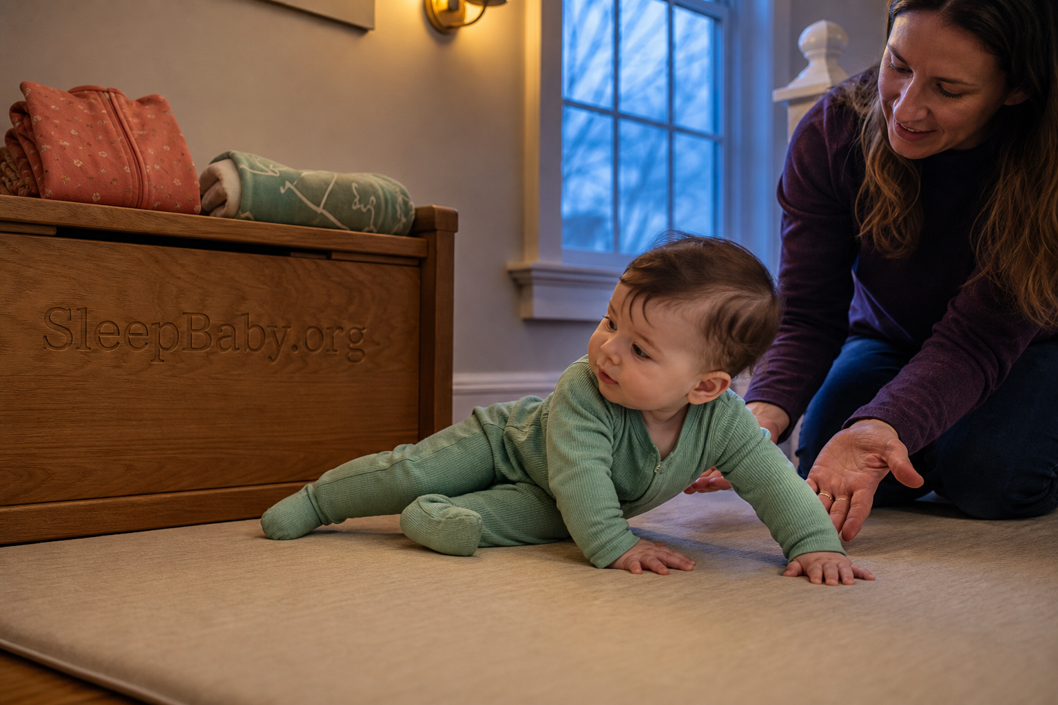An awake six-month-old practices a wobbly side sit with a caregiver nearby as pajamas and an empty crib signal wind-down.