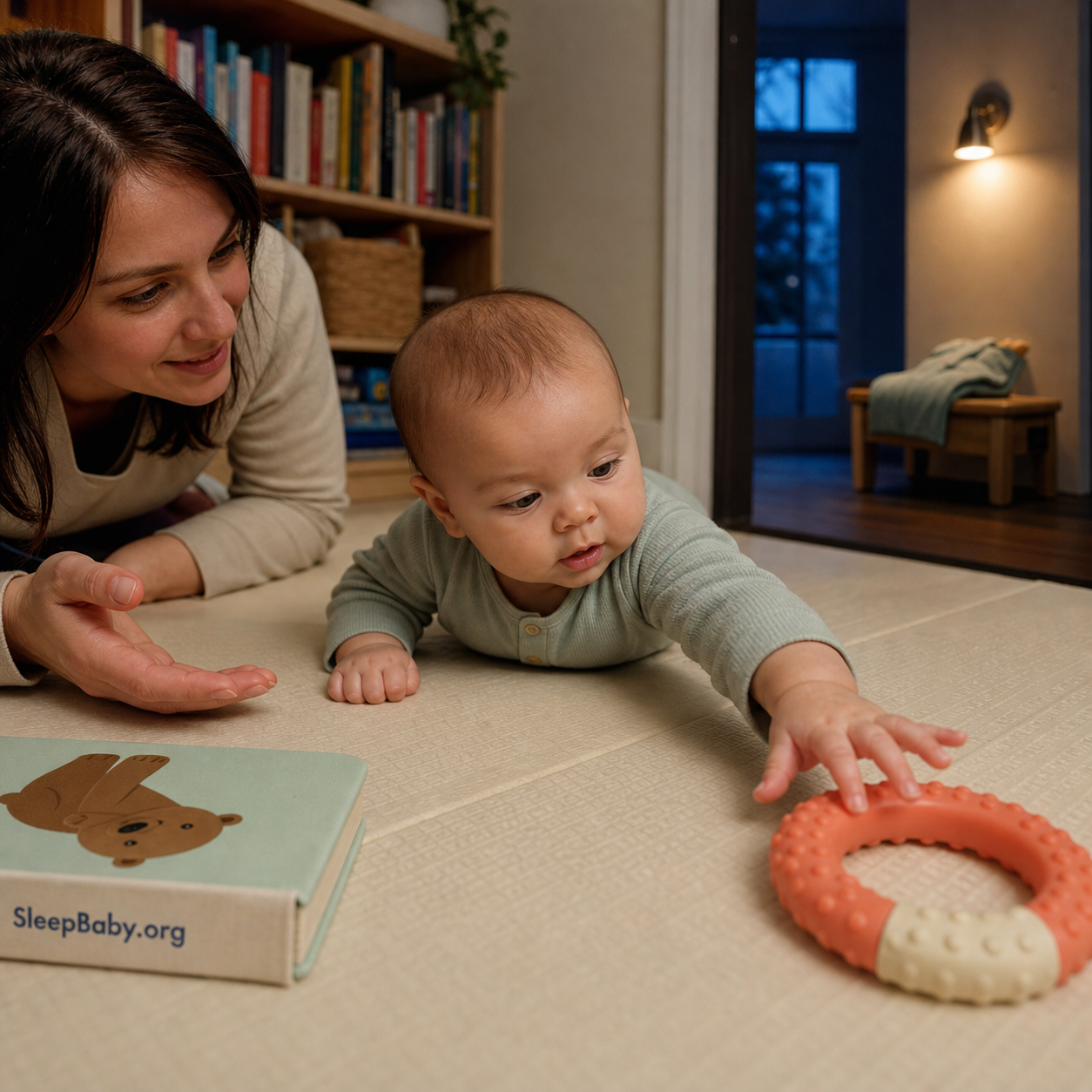 An awake six-month-old pushes up during supervised tummy time and reaches for a textured ring near an empty crib.