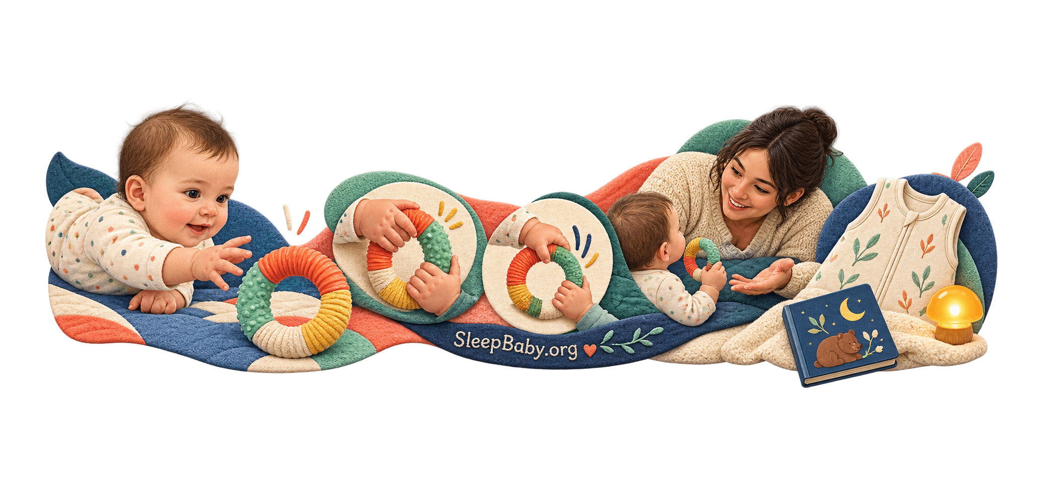 A charm ribbon follows an open hand, textured ring, transfer play and clear floor toward an empty crib.