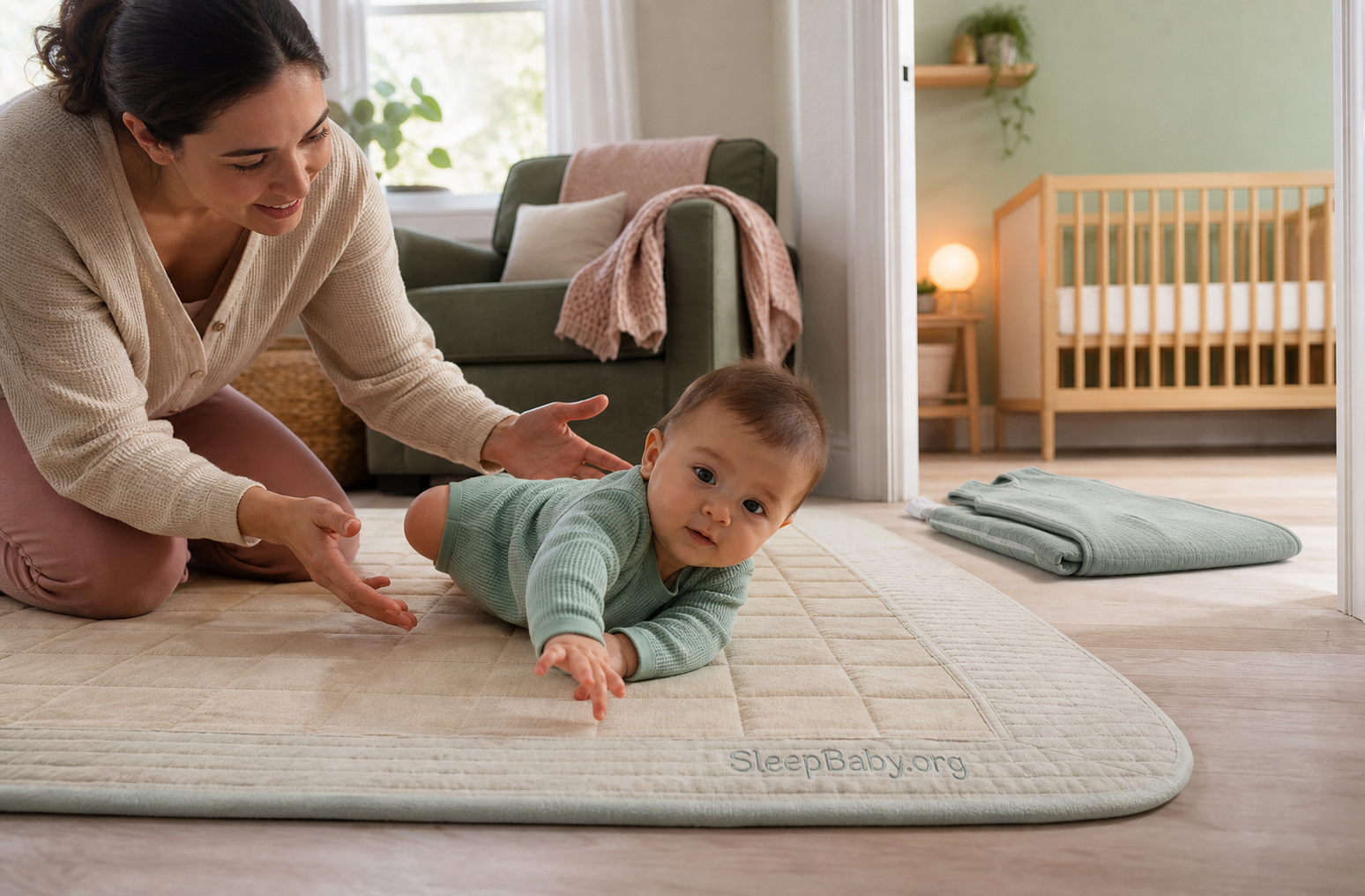 A caregiver supervises daytime rolling practice on a play mat while an empty crib and sleep sack wait in the background