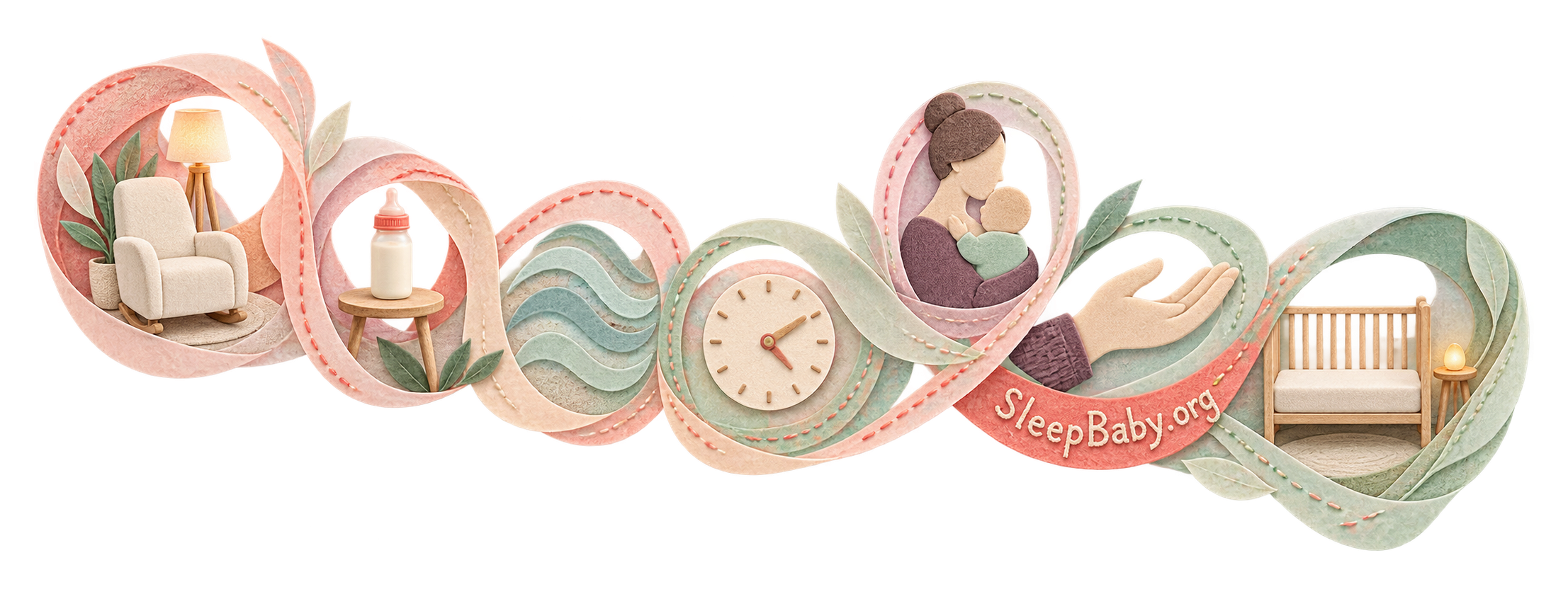 A transparent feeding-information rail links a chair, capped bottle, clock, upright cuddle, pause hand, lamp, and bare crib