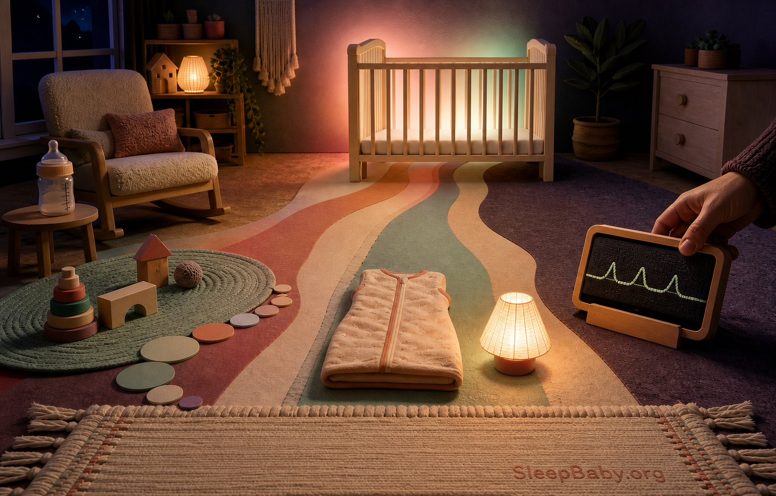 Four warm nursery paths—feeding, rolling practice, bedtime cues, and response—converge toward a baby sleeping in a bare crib