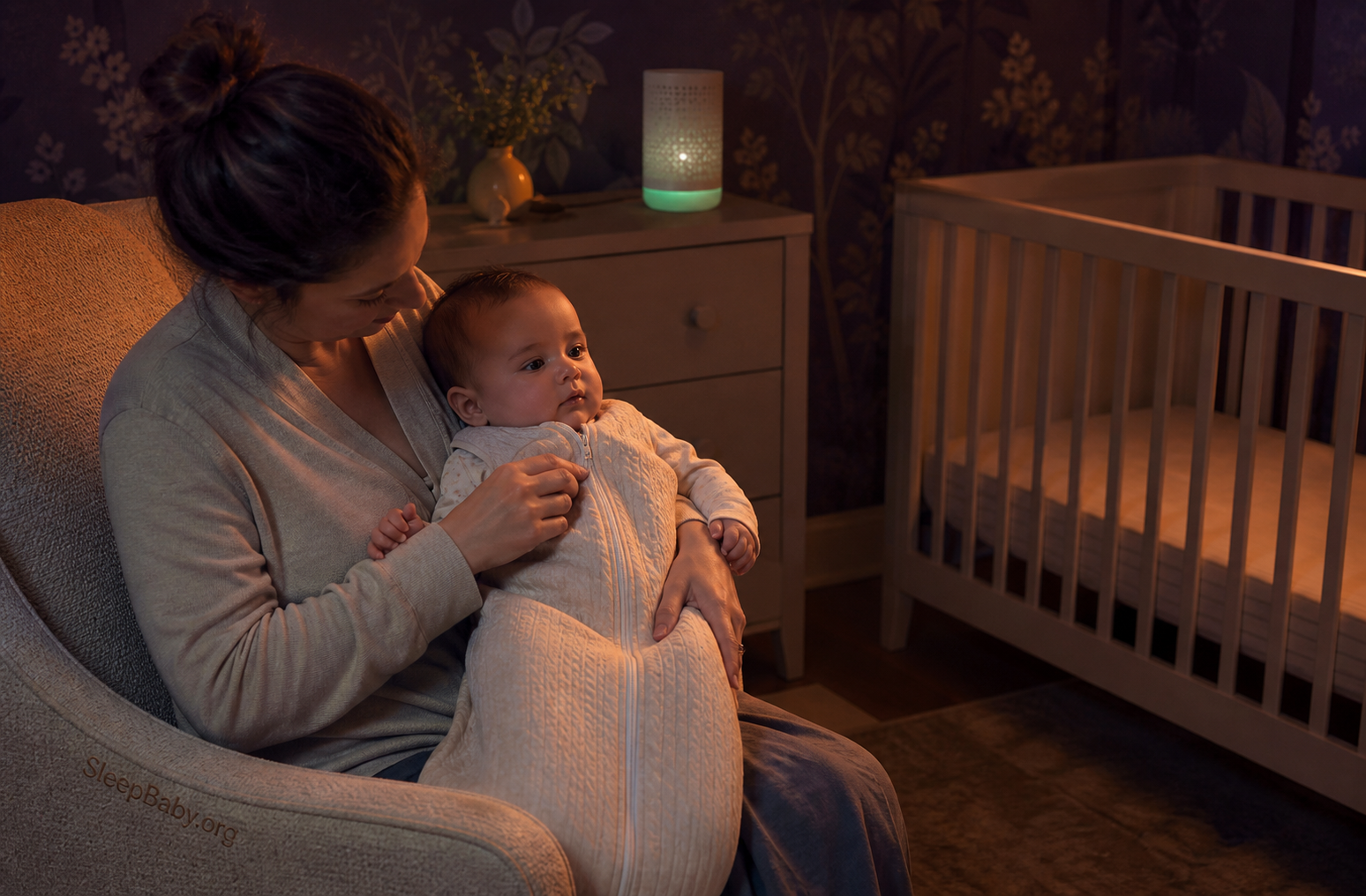 A caregiver checks a fully clothed baby's sleep sack in low amber light with a routine-cue device safely out of reach and a bare crib nearby