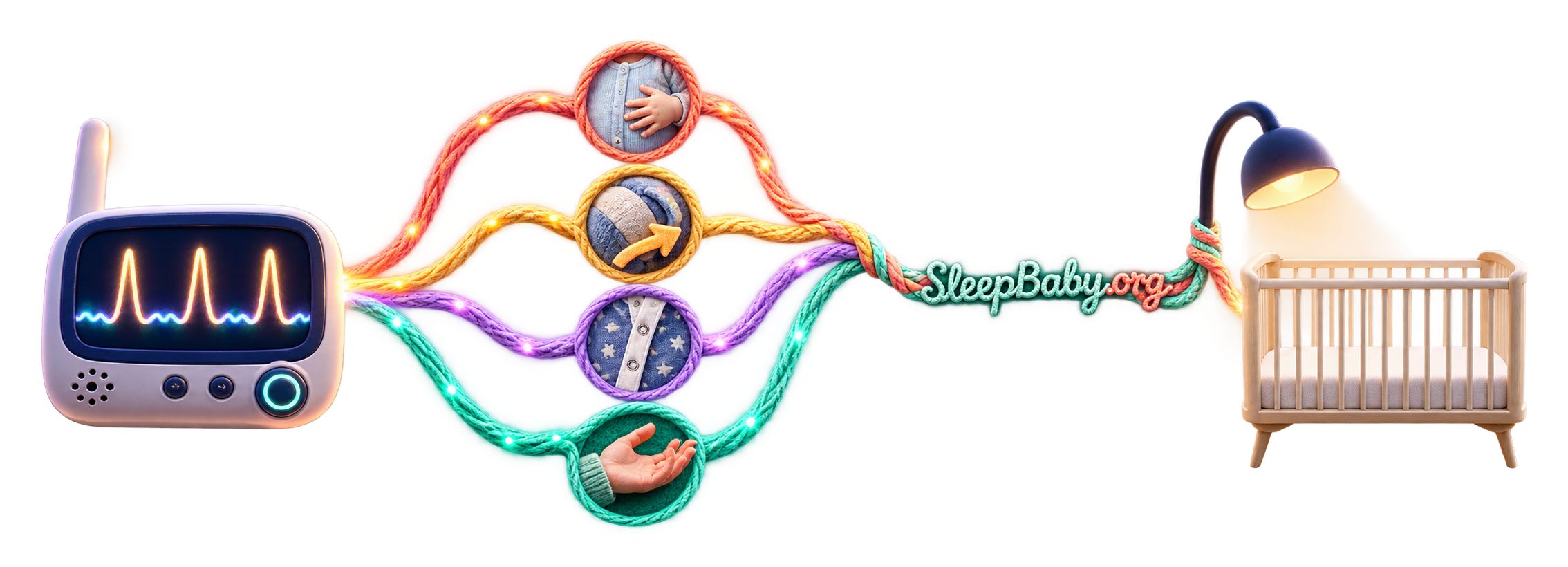 A transparent rail carries three monitor peaks through tummy, rolling, pajamas, and response clues into one lamp-lit bare crib