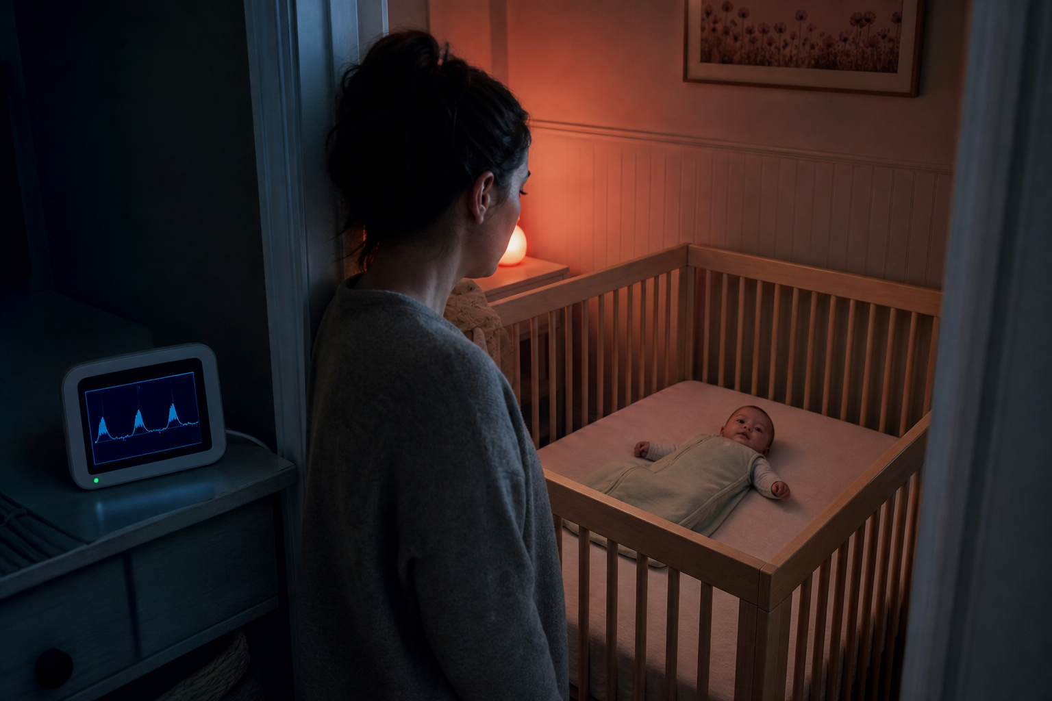 A parent pauses at a softly lit nursery doorway while a monitor shows three wake peaks beside a baby resting in a bare crib