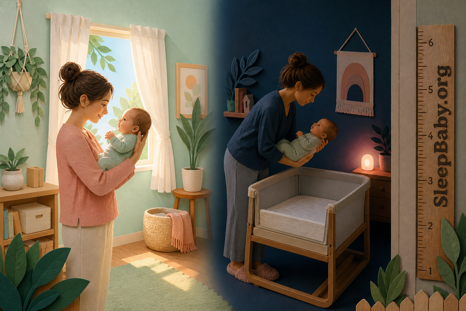 The same nursery shows bright daytime interaction and dim nighttime settling with a clear bassinet.