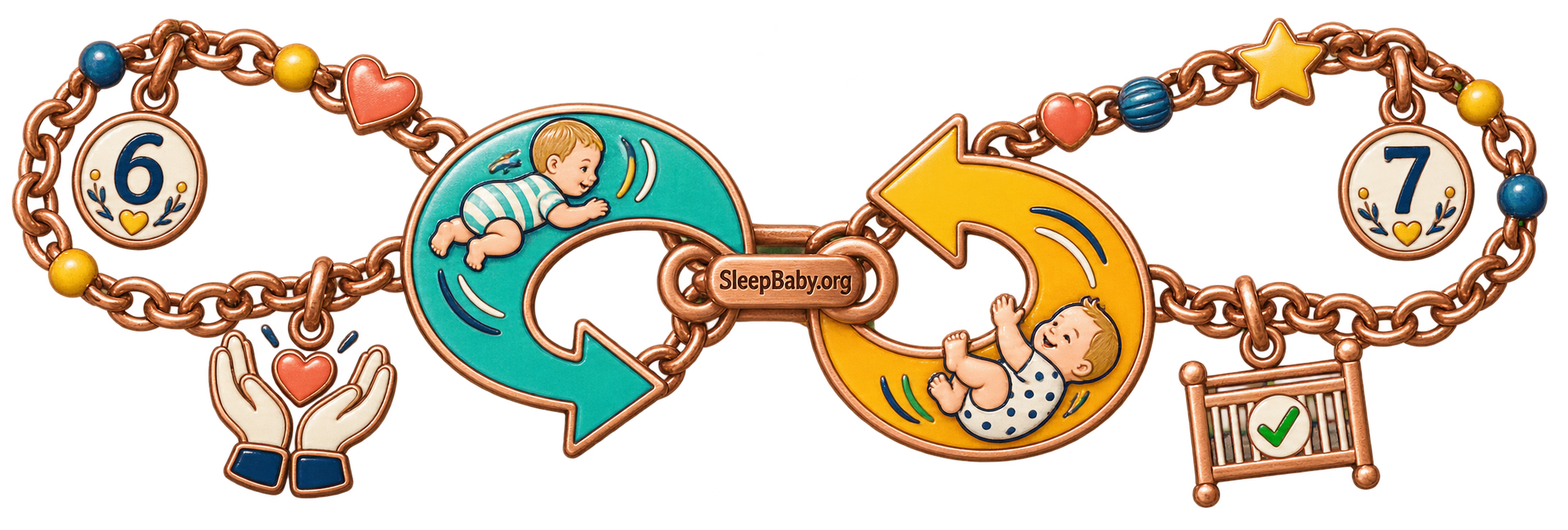 Baby rolling charm ribbon with paired rolling arrows, small six- and seven-month markers, open arms and a fitted-sheet crib