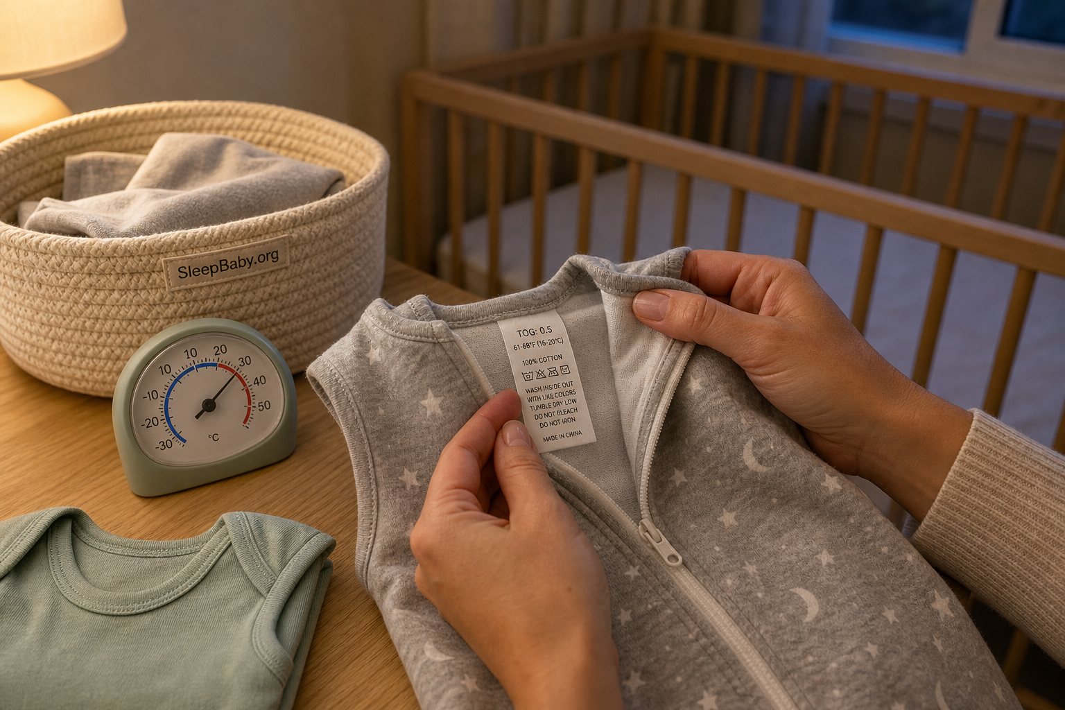 Caregiver reads the sewn temperature tag on a sleep bag beside a room thermometer, one bodysuit, and a bare empty crib.