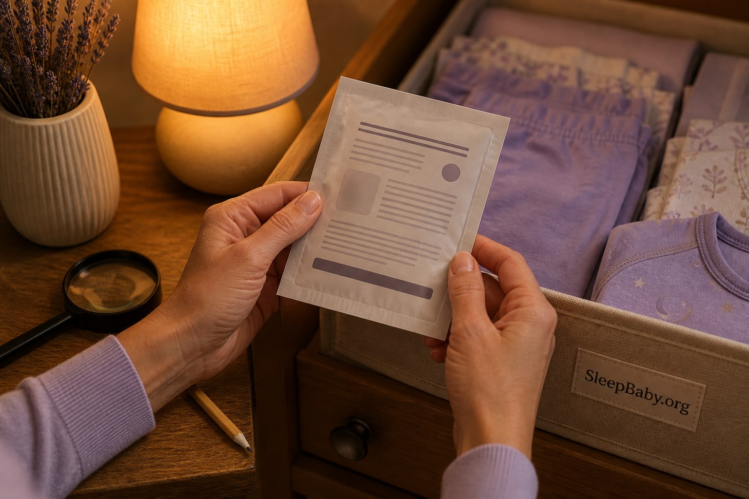Caregiver hands read the abstract back of a generic sleep-patch packet beside pajamas, a magnifier, and a drawer label reading SleepBaby.org.