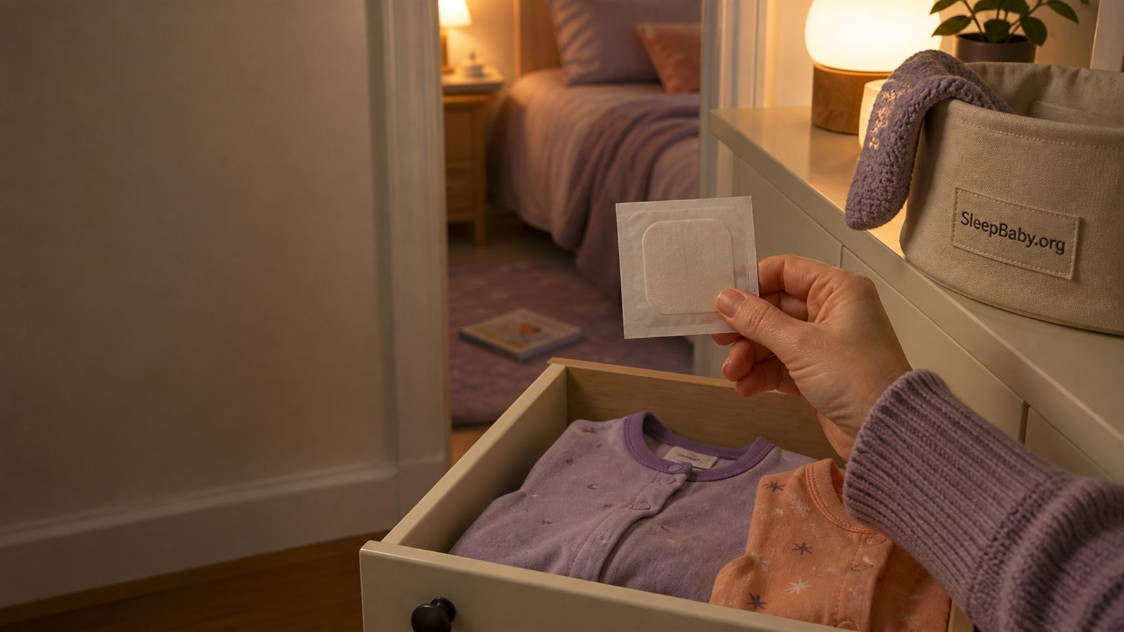 Parent holds a generic square sleep patch beside an open pajama drawer and a fabric basket labeled SleepBaby.org.