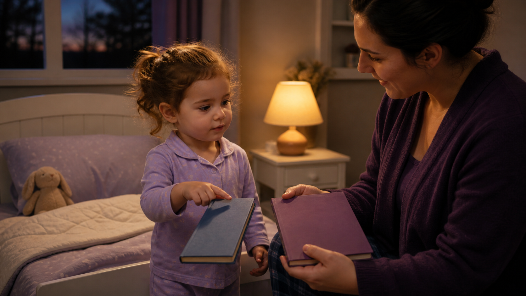 Three-year-old in lavender pajamas chooses between two closed bedtime books beside a caregiver and a prepared bed at dusk