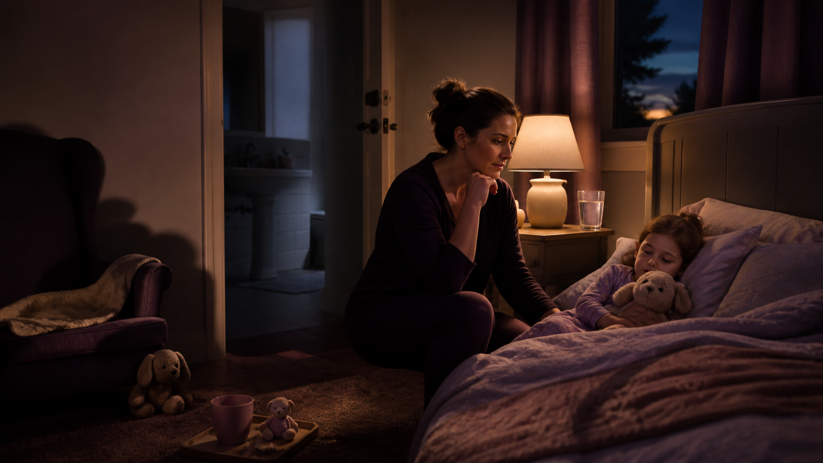 Caregiver pauses beside a resting three-year-old, prepared bed, water cup, comfort toys and dim bedside lamp while sorting the reason for a bedtime request