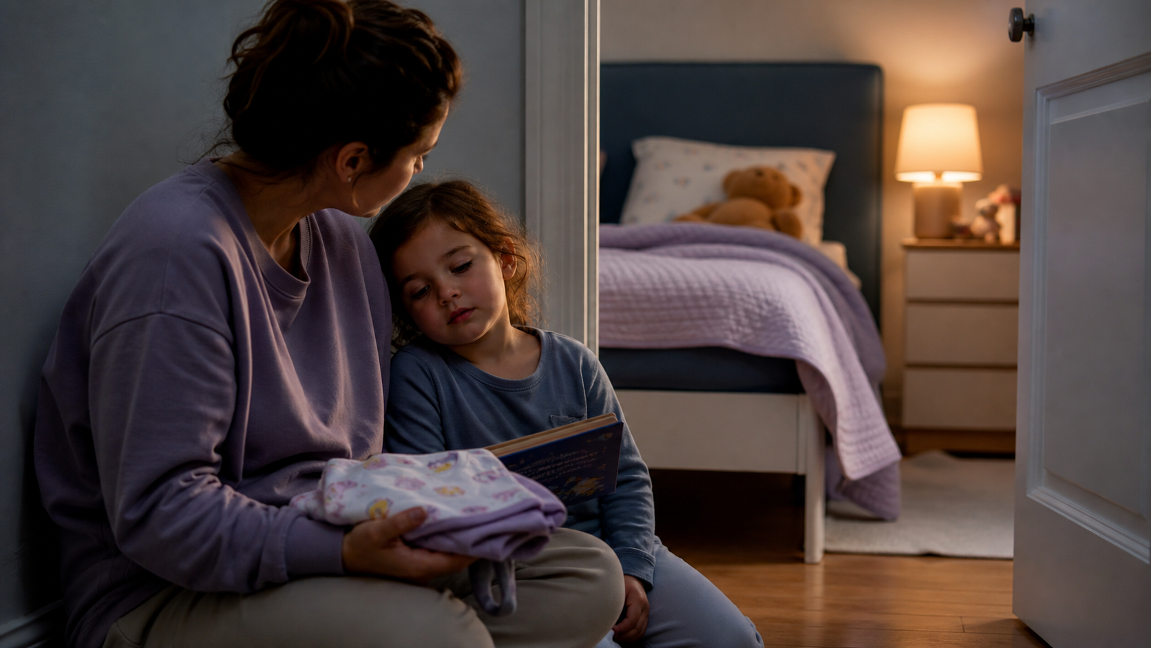 Tired three-year-old leans against a caregiver holding pajamas and a book as a softly lit prepared bed waits nearby