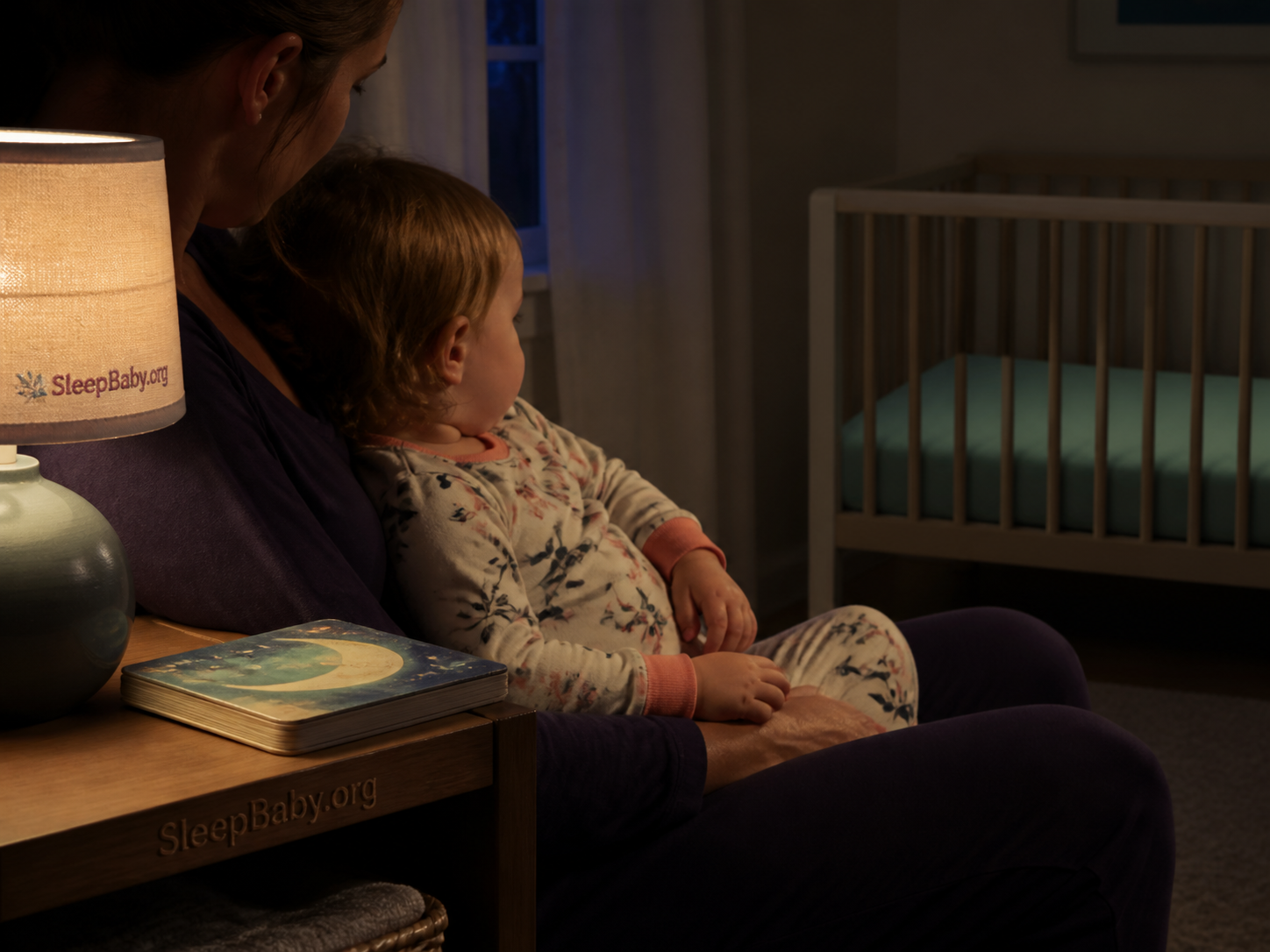 A pajama-clad 17-month-old winds down on a parent's lap beside a lamp and an empty crib.