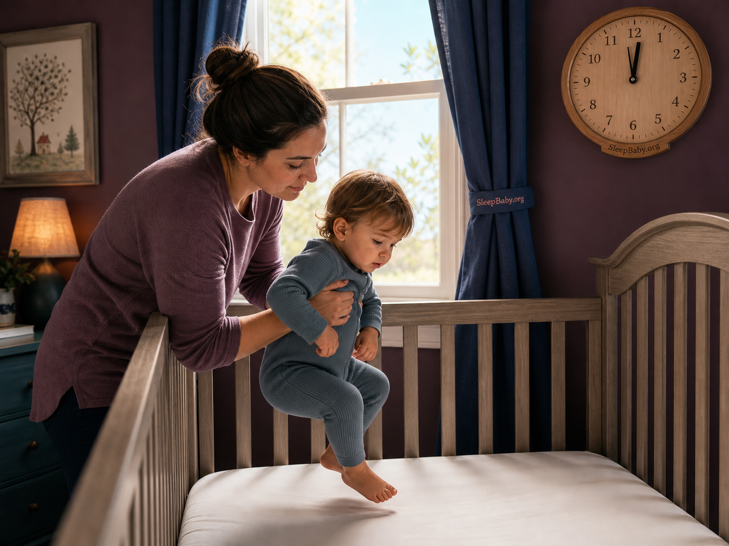 A parent lowers a sleepy 17-month-old into an empty crib beside a clock at noon.
