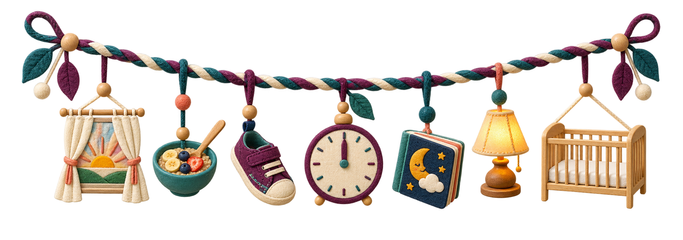 A transparent textile ribbon links sunrise, breakfast, a toddler shoe, a noon clock, a book, a lamp and an empty crib.