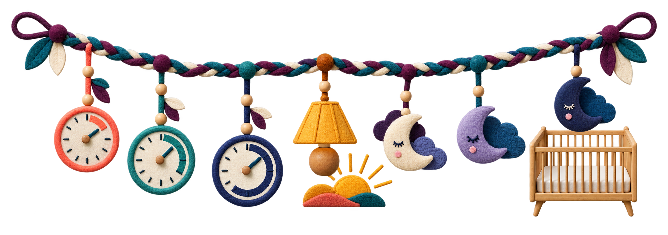 A transparent textile ribbon connects short, solid and late nap clocks with three evening moon positions and an empty crib.