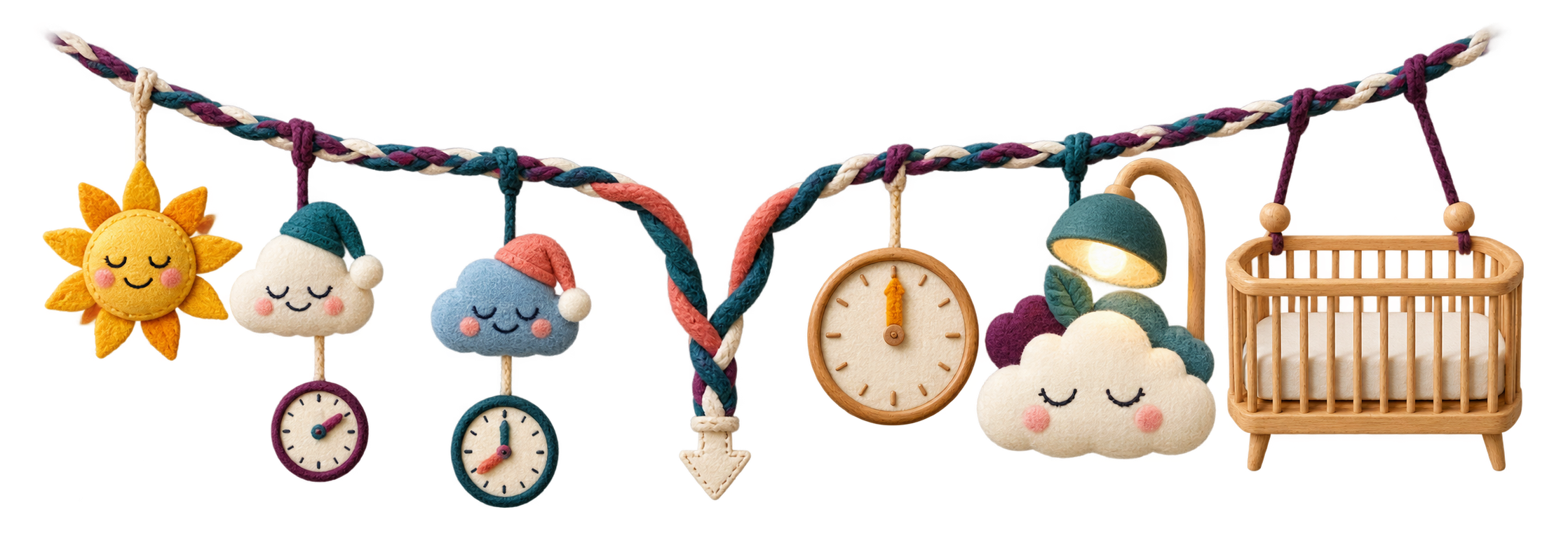 A transparent textile ribbon joins two small nap clocks into one noon clock, restful cloud and empty crib.