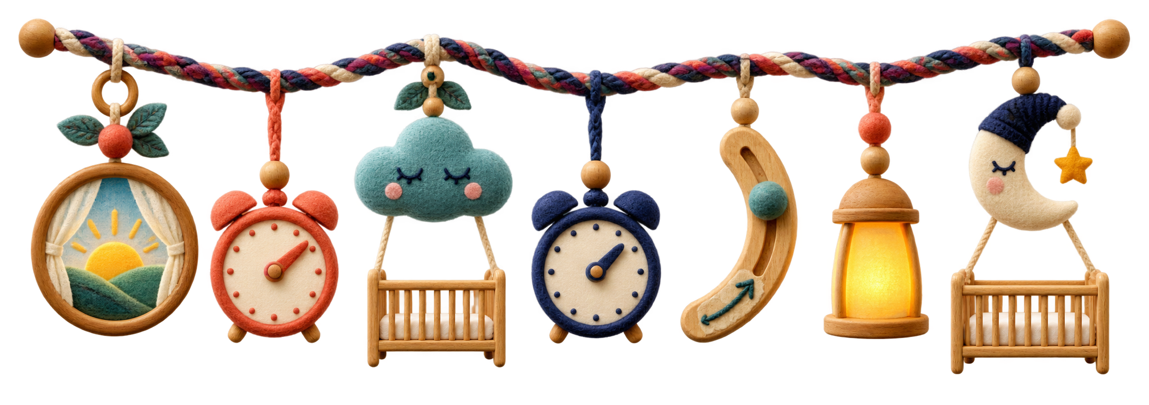 A transparent textile ribbon shows three day cues, one shifted timing bead, a lamp and a moon above an empty crib.