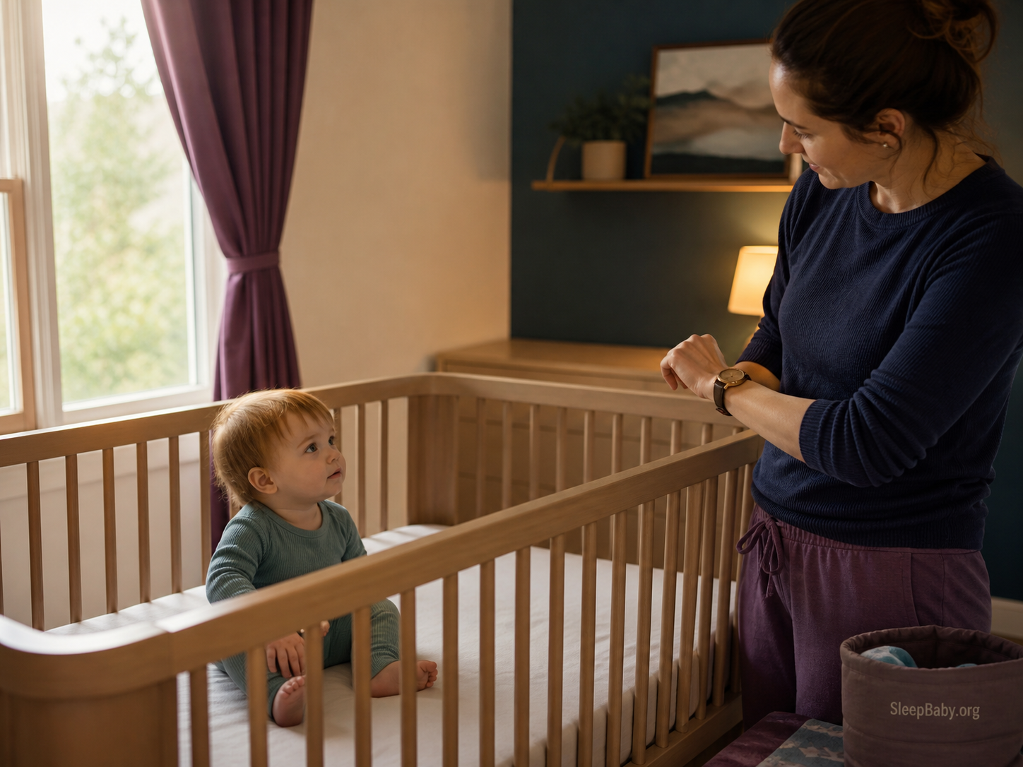 A parent checks the time while an awake 17-month-old sits in an empty crib after a short nap.