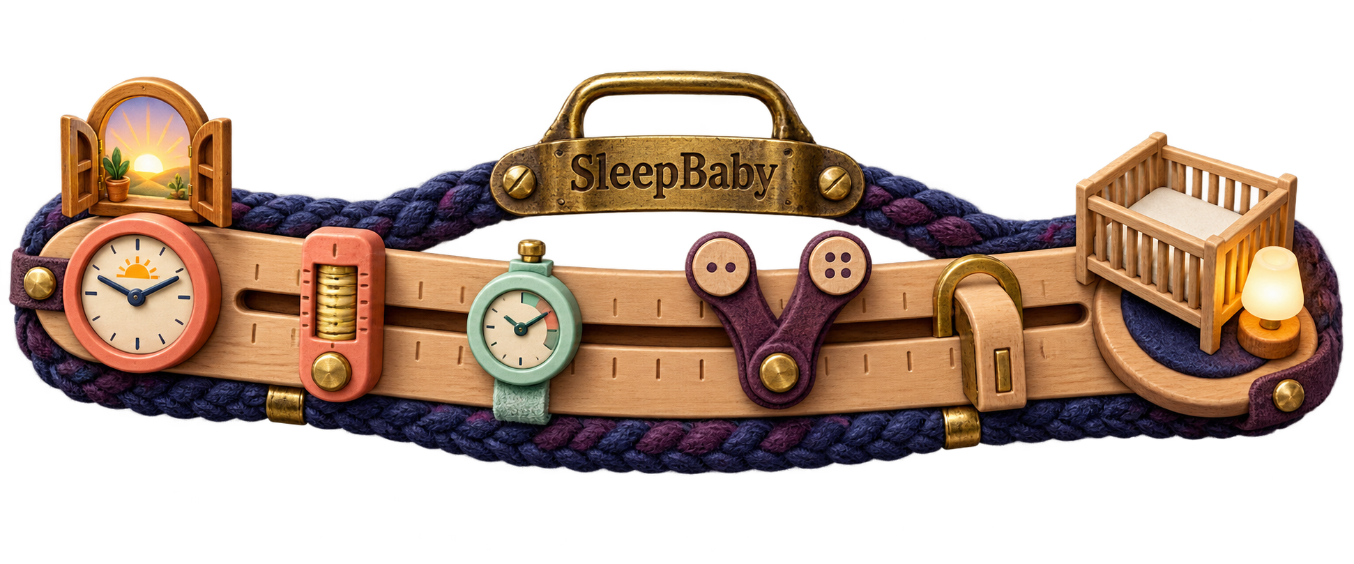 Crafted schedule ribbon with fixed dawn clock, four movable nap controls, and a bare crib with nightlight
