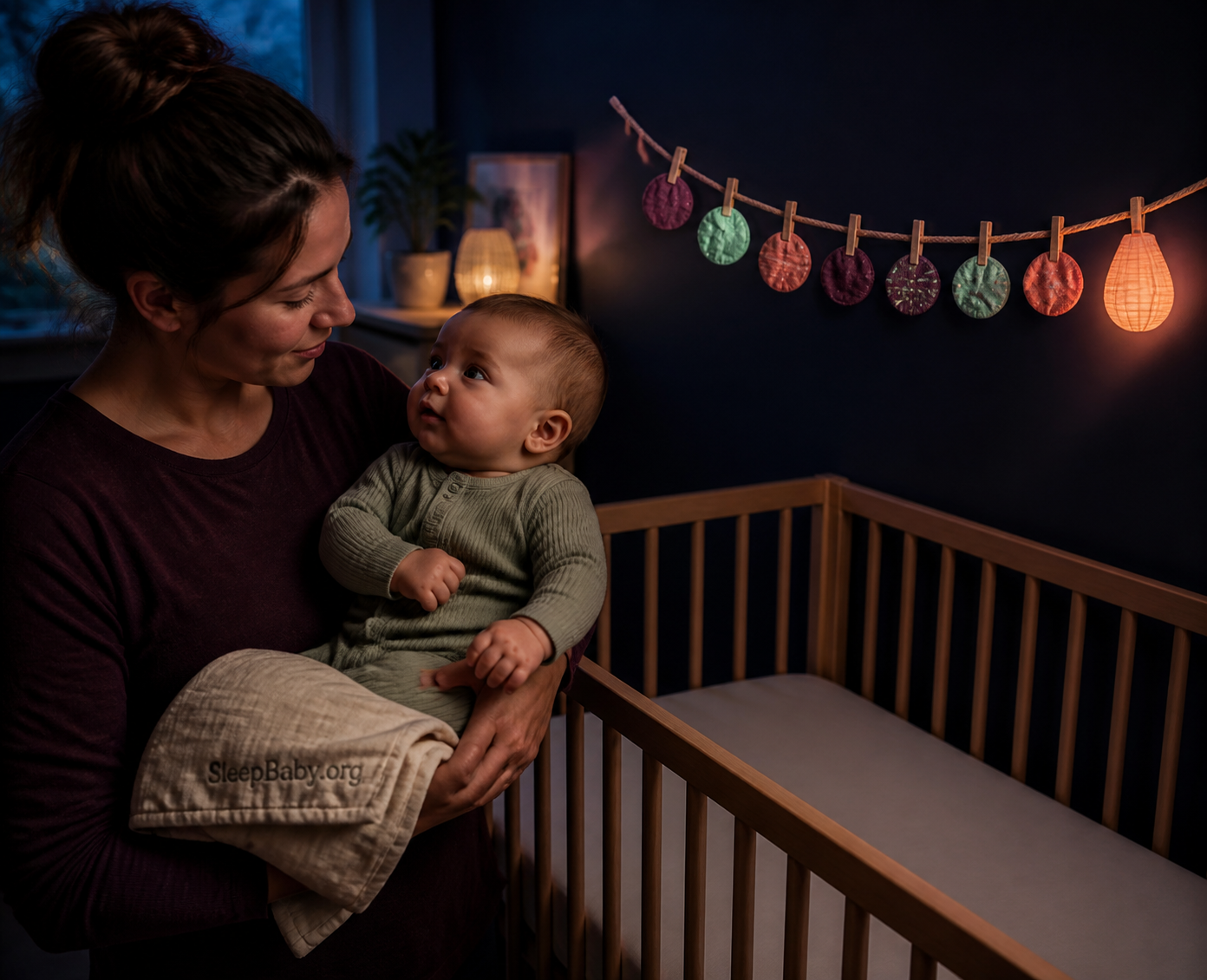 Caregiver holds an alert five-month-old at blue hour beside a lantern and empty crib
