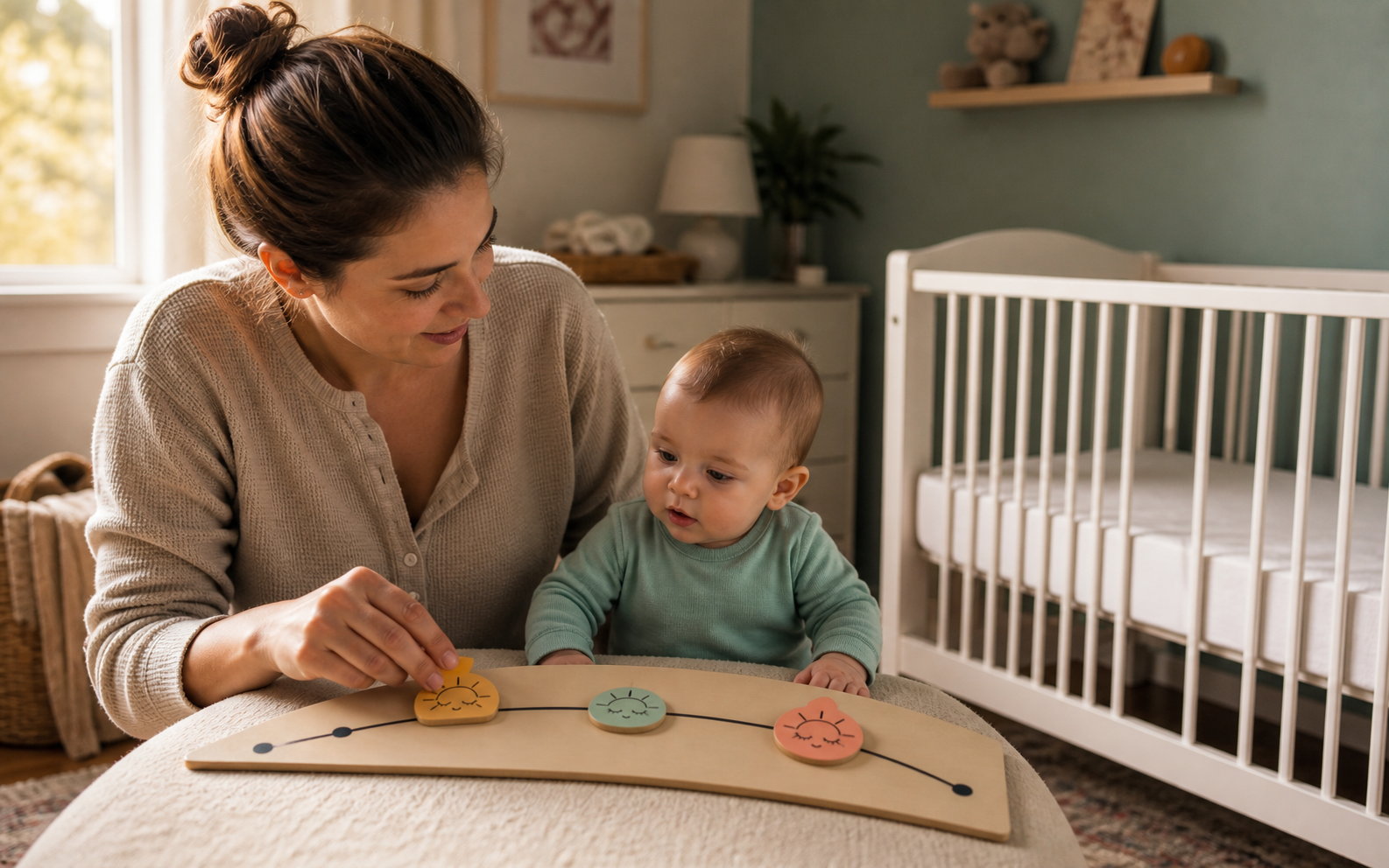 Caregiver moves three nap markers with an alert five-month-old beside an empty crib