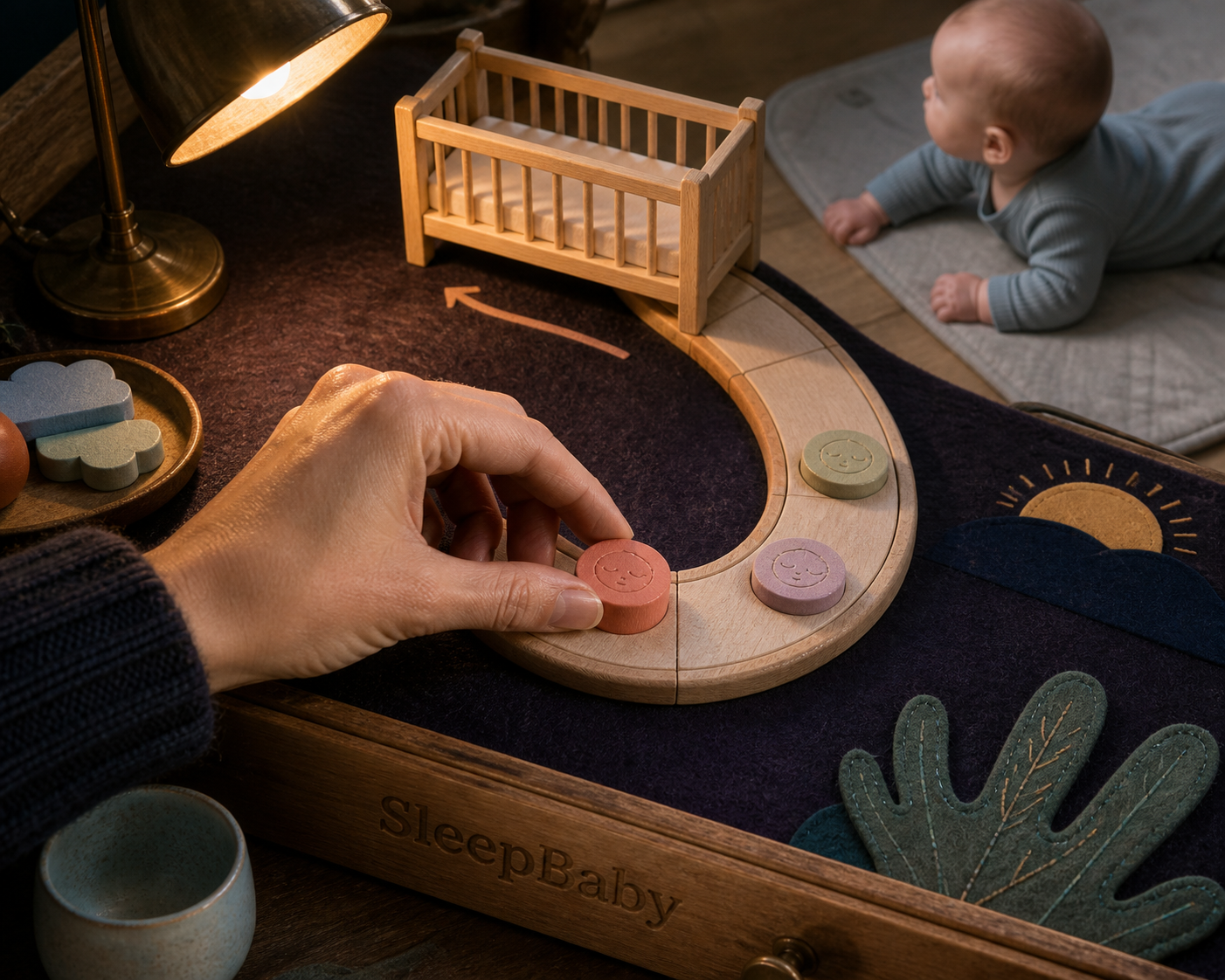 Adult hand slides a coral nap token closer while an awake five-month-old plays beside a clear crib model