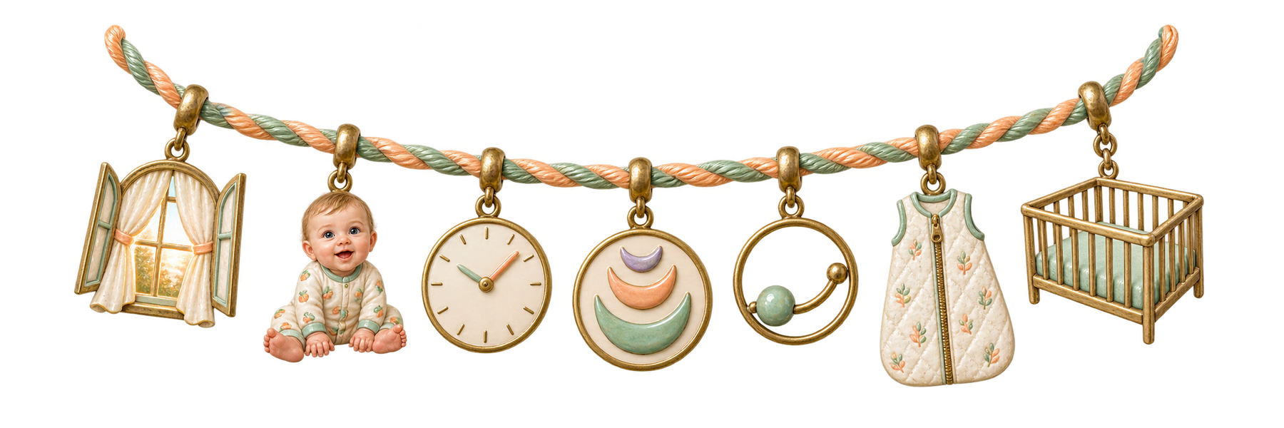 A transparent charm strand links an open morning window, an awake six-month-old, a flexible nap marker, a sleep sack, and a bare crib.