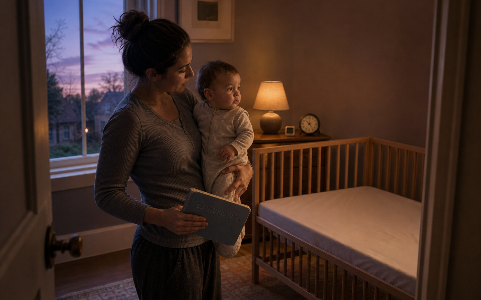 A caregiver holds an awake six-month-old and carries a bedtime book toward a bare crib in warm dusk light.