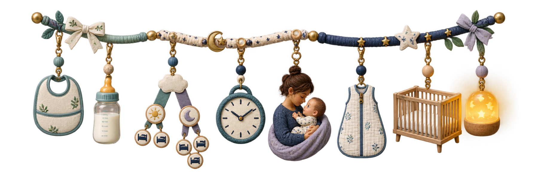 A transparent charm strand connects feeding cues, a clock, a caregiver holding an awake baby, a sleep sack, a bare crib, and a glowing lamp.