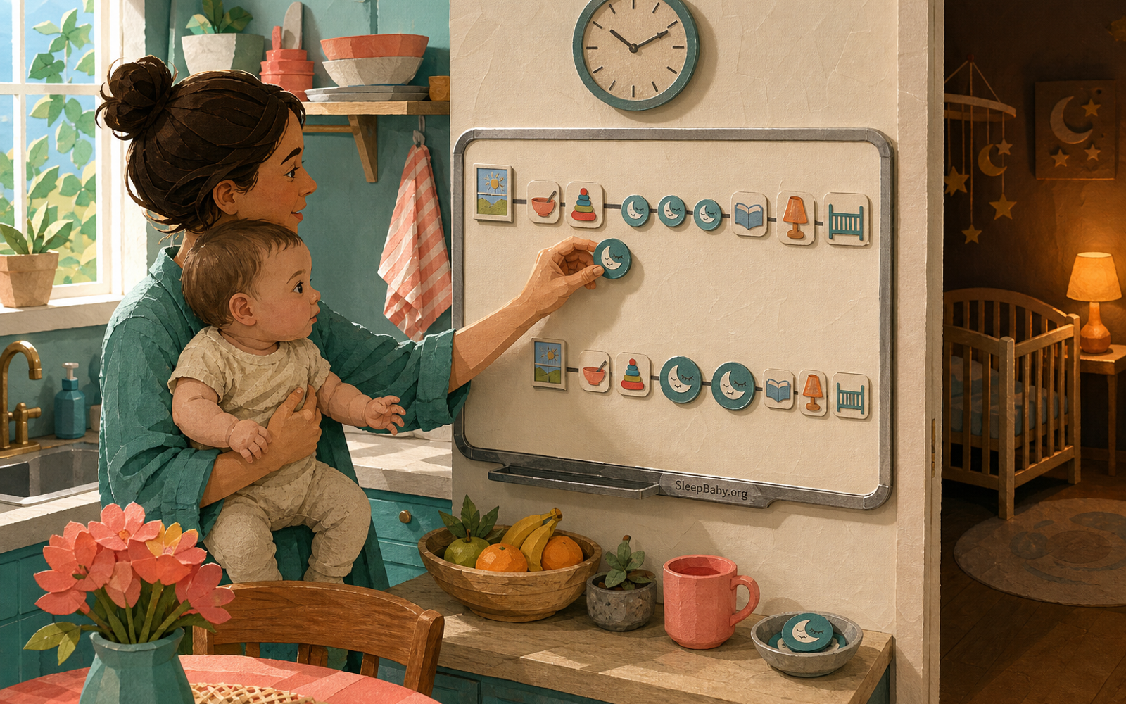 In a kitchen, a caregiver holds an alert six-month-old while moving a third nap marker between three-nap and two-nap paths; a bare crib waits nearby.