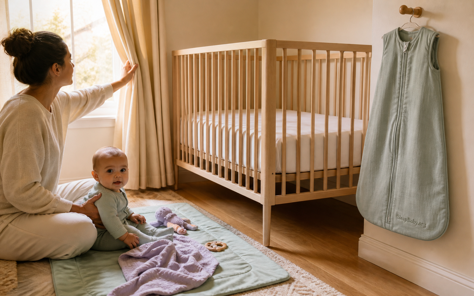 A caregiver opens the curtains beside an alert six-month-old while a bare crib waits for the first nap.