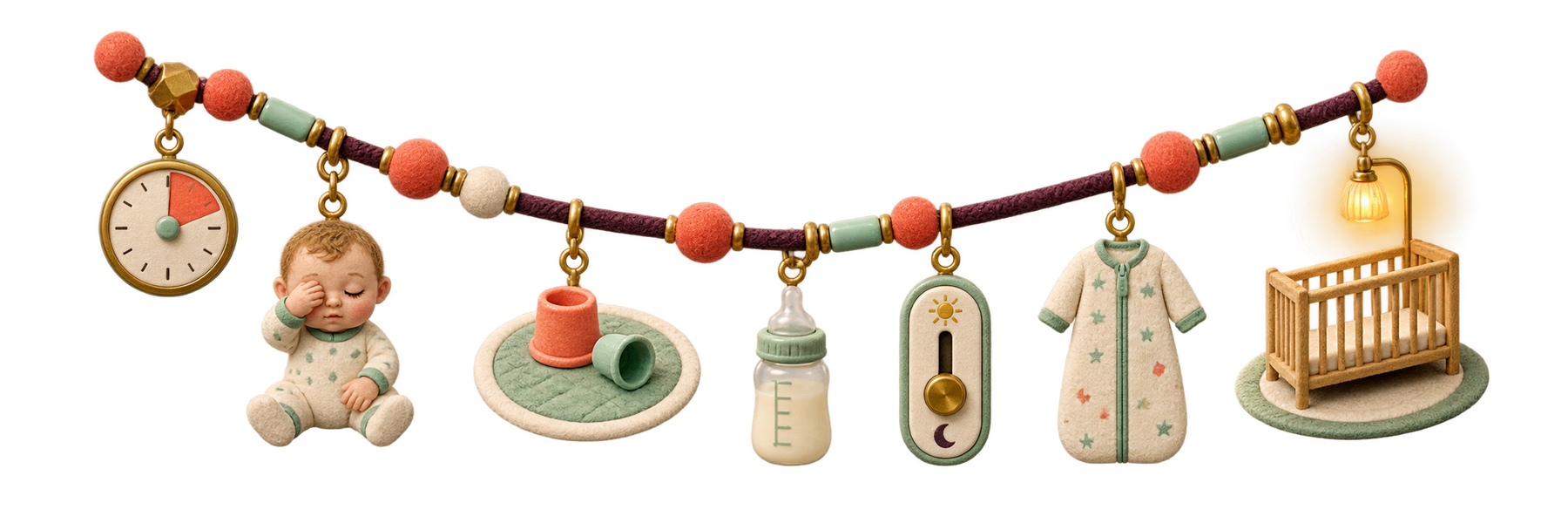 A transparent stepped charm strand moves from a short-nap timer through calm floor play and dimmed light to a lamp-lit bare crib.