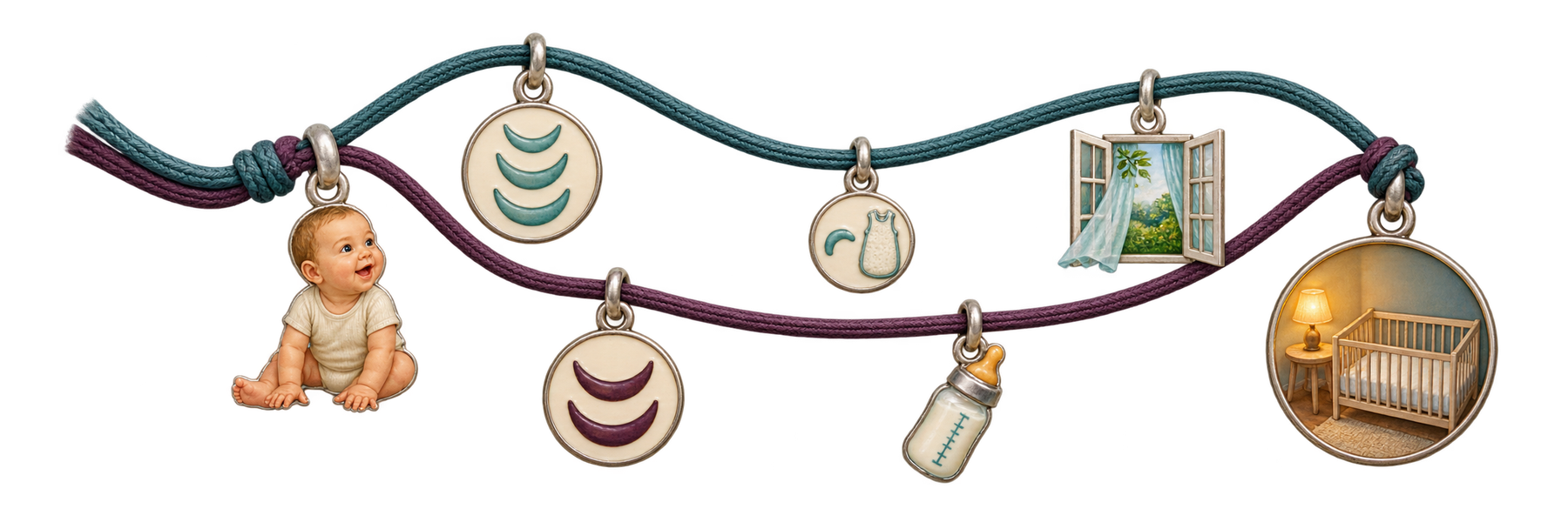 A transparent double-loop charm strand shows a three-arc nap path, a two-arc nap path, and a small optional bridge rejoining at a lamp-lit bare crib.