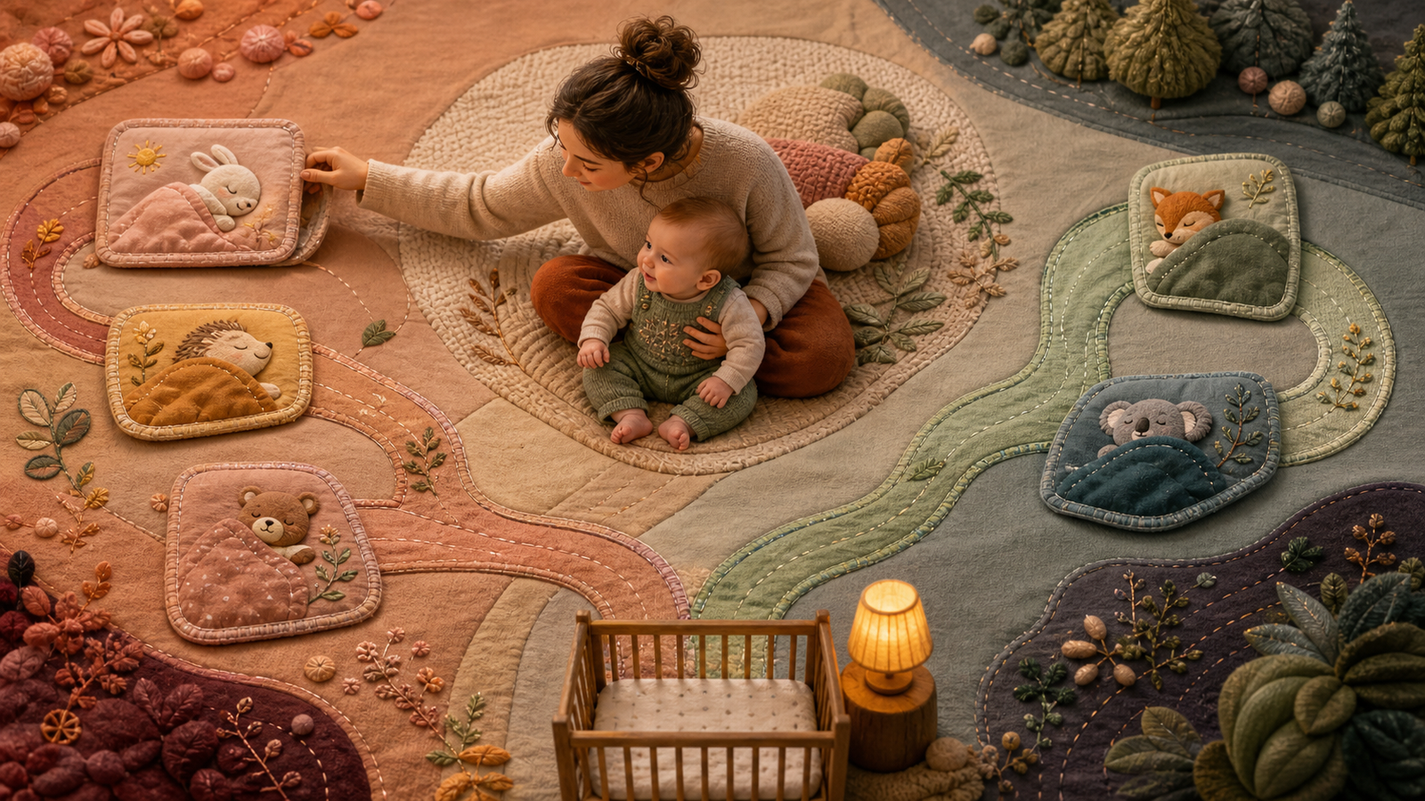 An illustrated six-month-old sits between a path with three nap opportunities and a path with two, which both rejoin at bedtime.