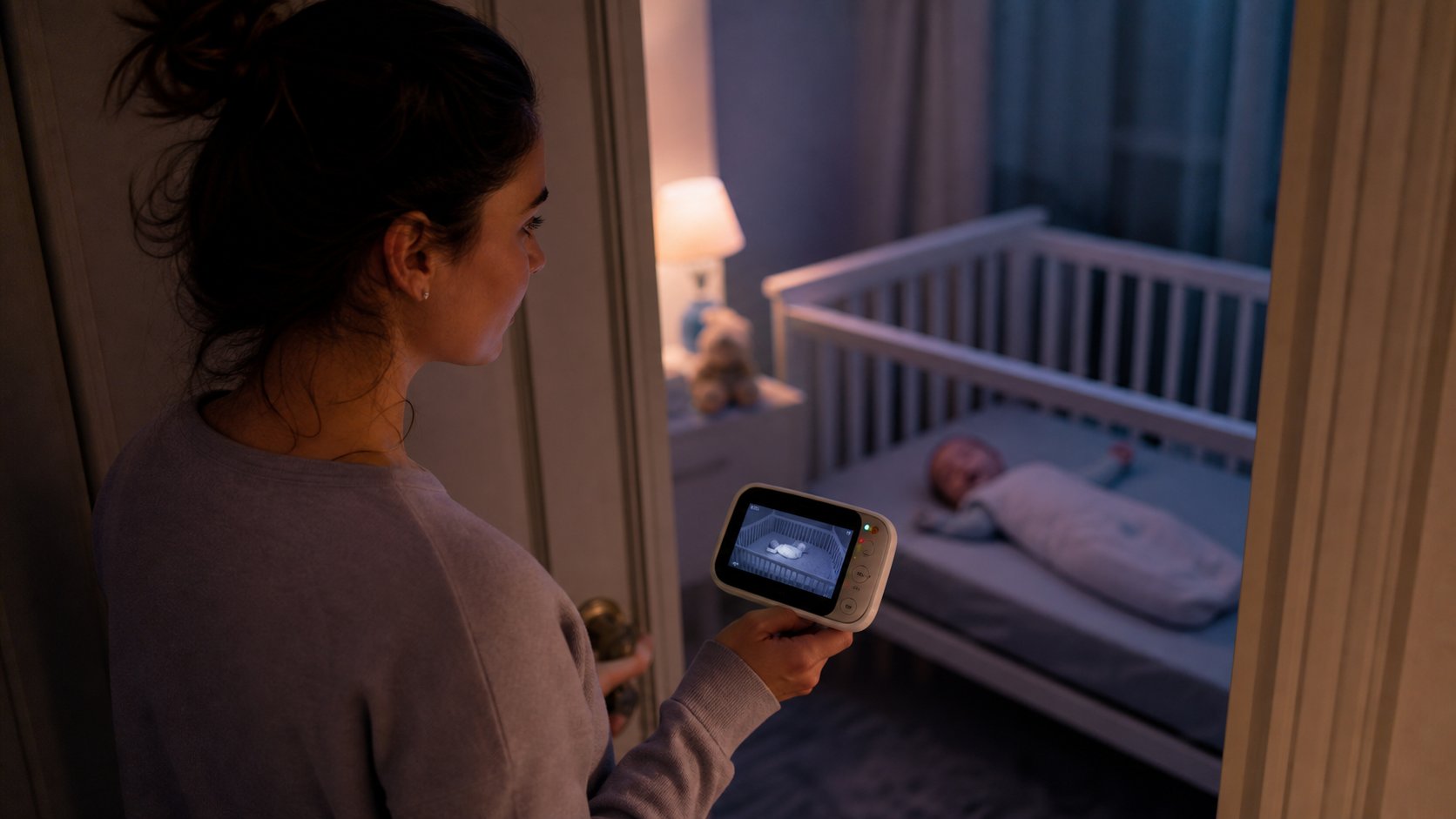 Parent pauses in a dim nursery doorway holding a video monitor while a baby settles safely in an empty crib