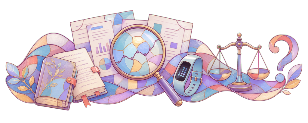 Study pages, a magnifying lens, diary, actigraphy band, scales and question mark form an evidence ribbon.