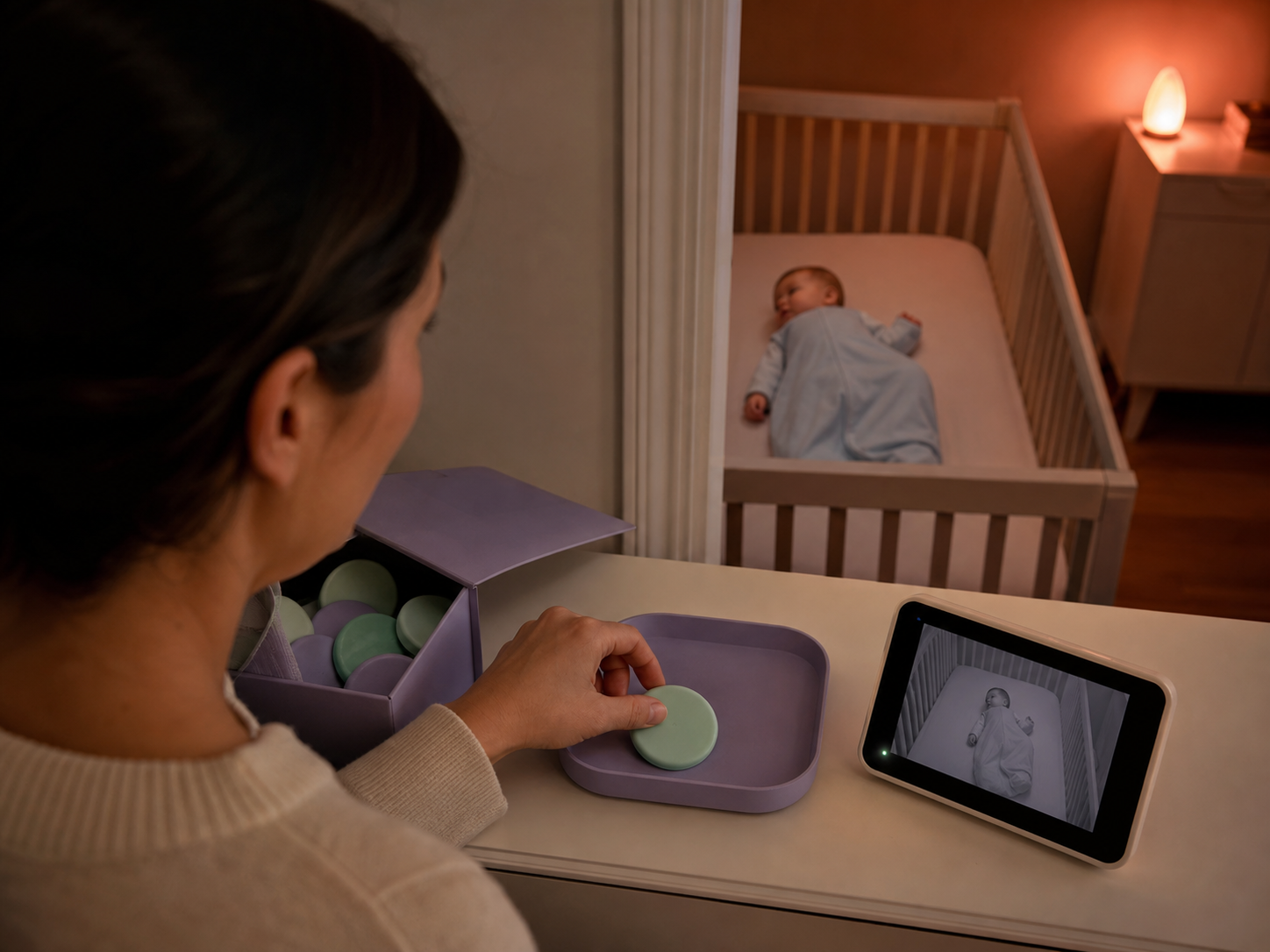 Caregiver selects one mint token beside a video monitor while a baby winds down safely in an empty crib