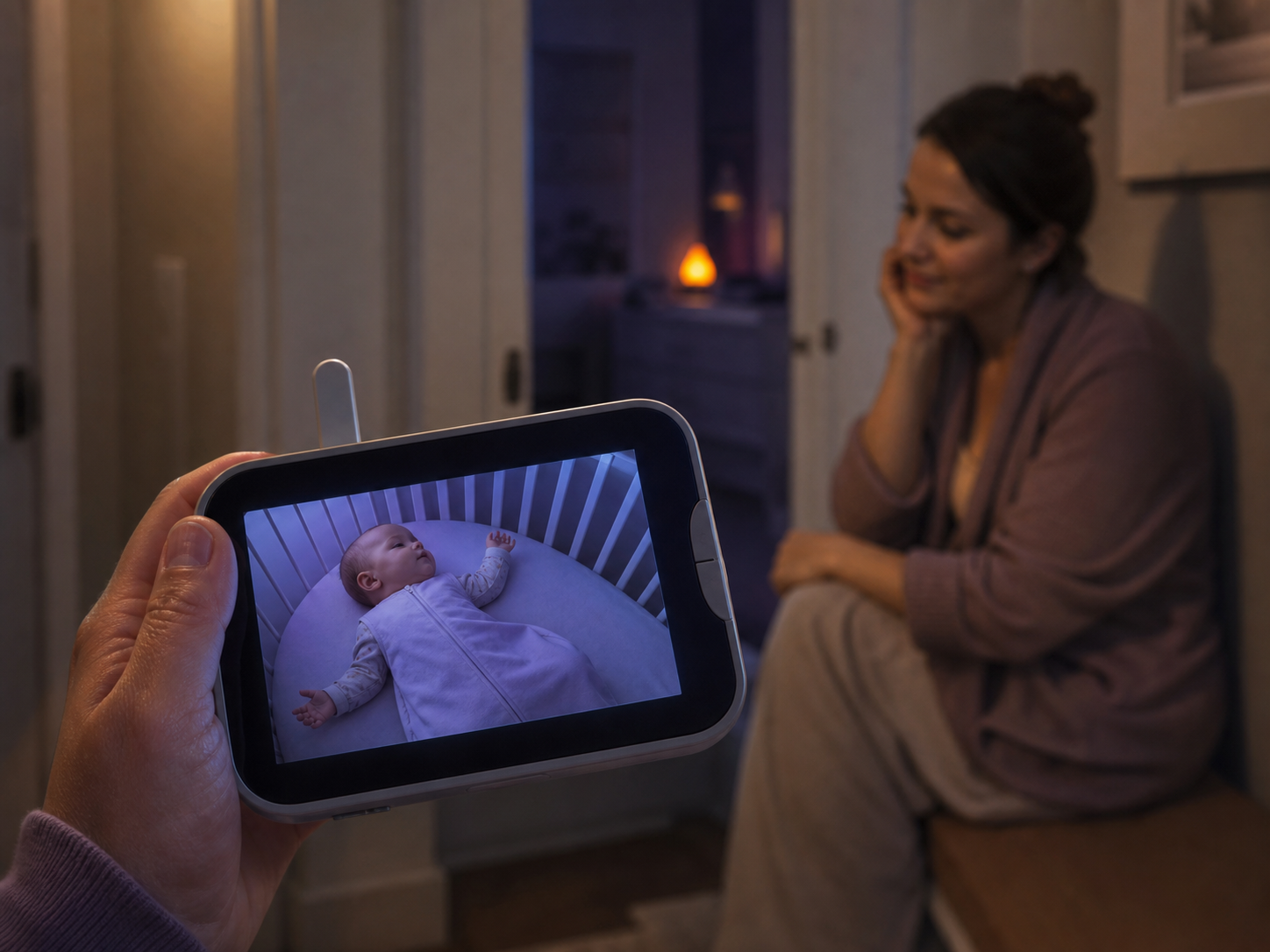 Video monitor shows a baby settling safely on their back in an empty crib as a caregiver watches from the hallway